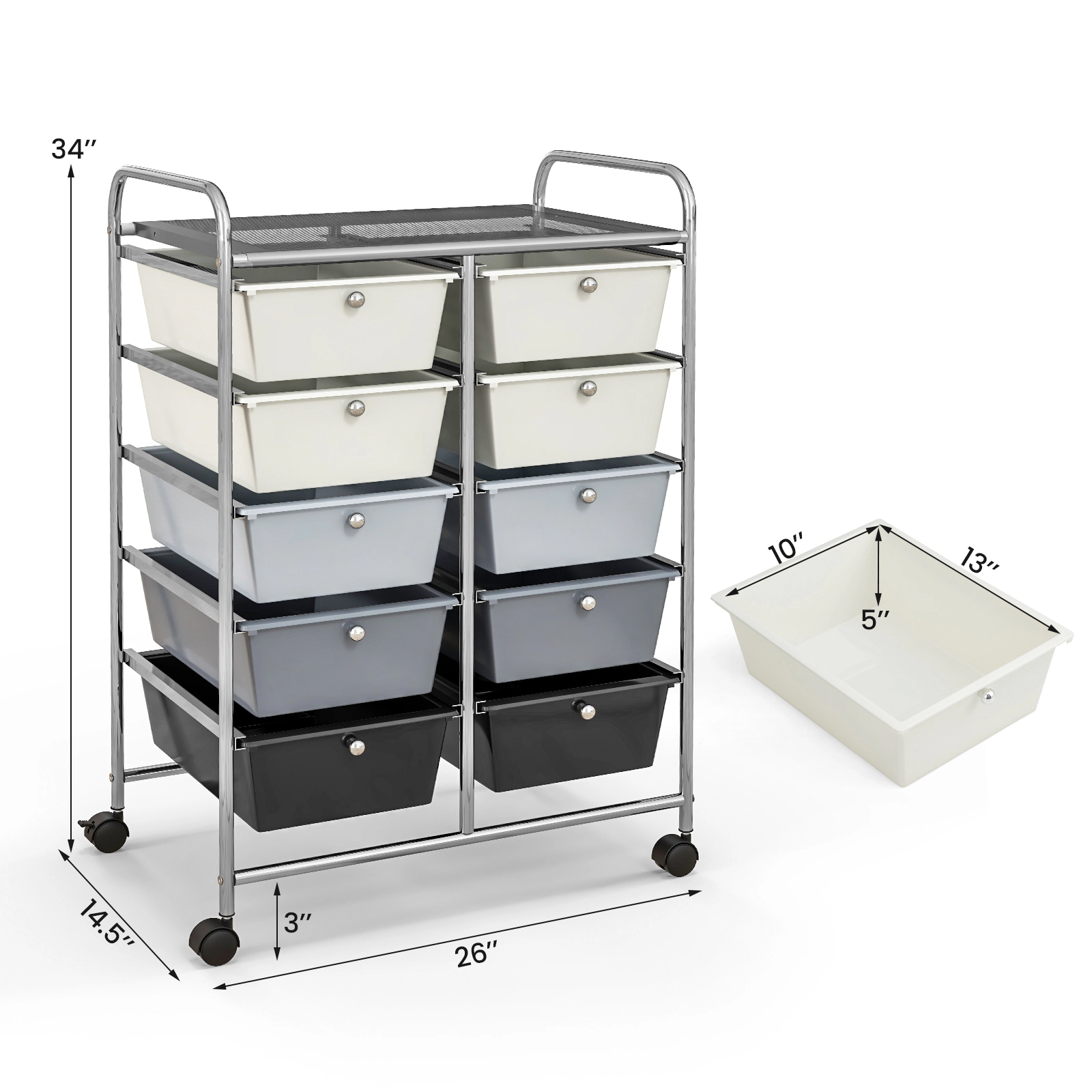 SUGIFT 10-Drawer Rolling Storage Cart with Mesh Top 22-lb Platform Capacity 5.5-lb Drawer Capacity Beige & Gray