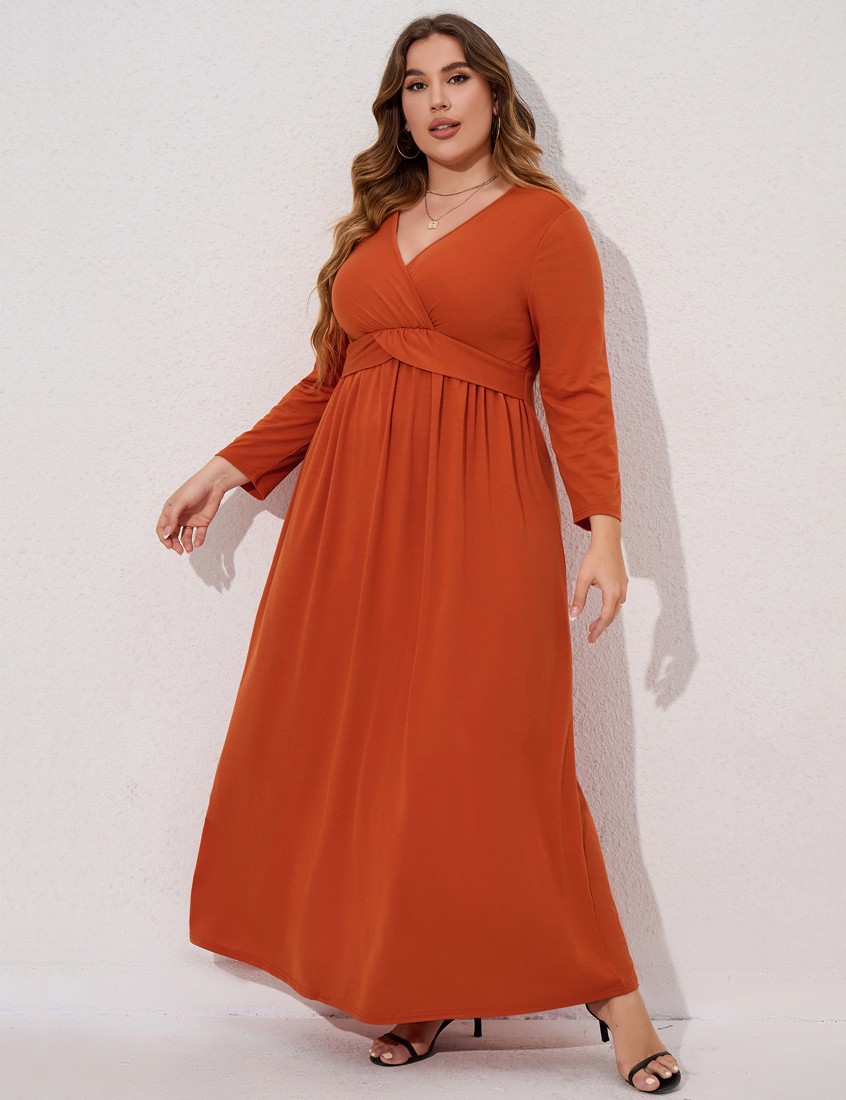 KOJOOIN Women's Plus Faux Wrap Maxi Dress Surplice V Neck Long Sleeve Empire Waist