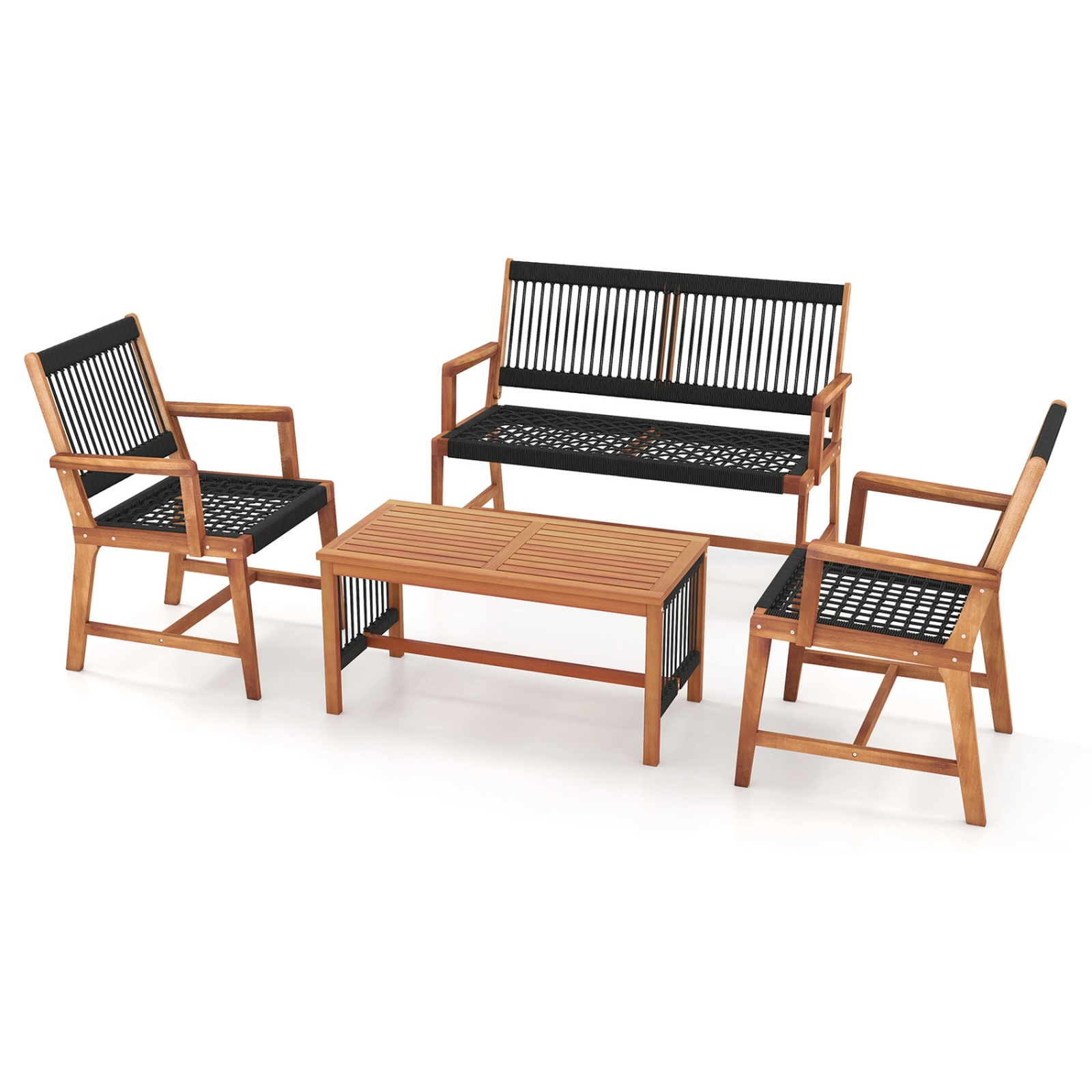 SUGIFT Natural Hand-Woven Rope Seats 4-Piece Acacia Wood Patio Conversation Set