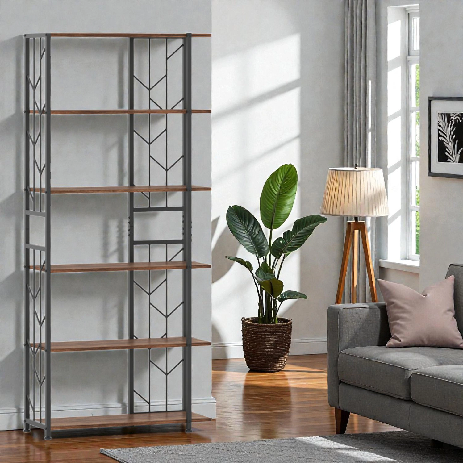 Hivvago Modern Industrial 6-Shelf Bookcase with Reinforced Metal Frame