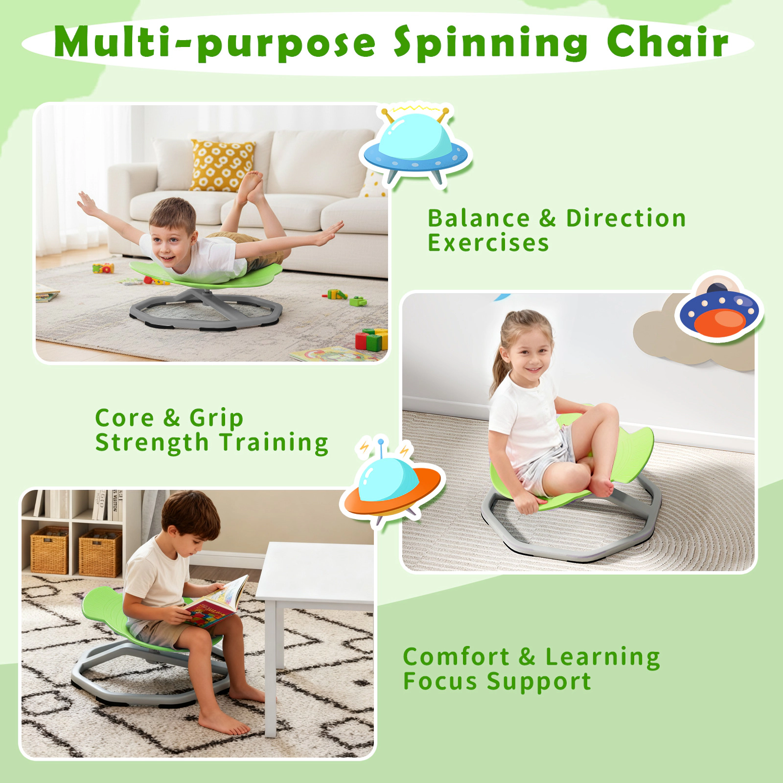 SUGIFT Kids Sensory Swivel Chair Green Elephant 360 Degree Spinning Chair with Metal Base