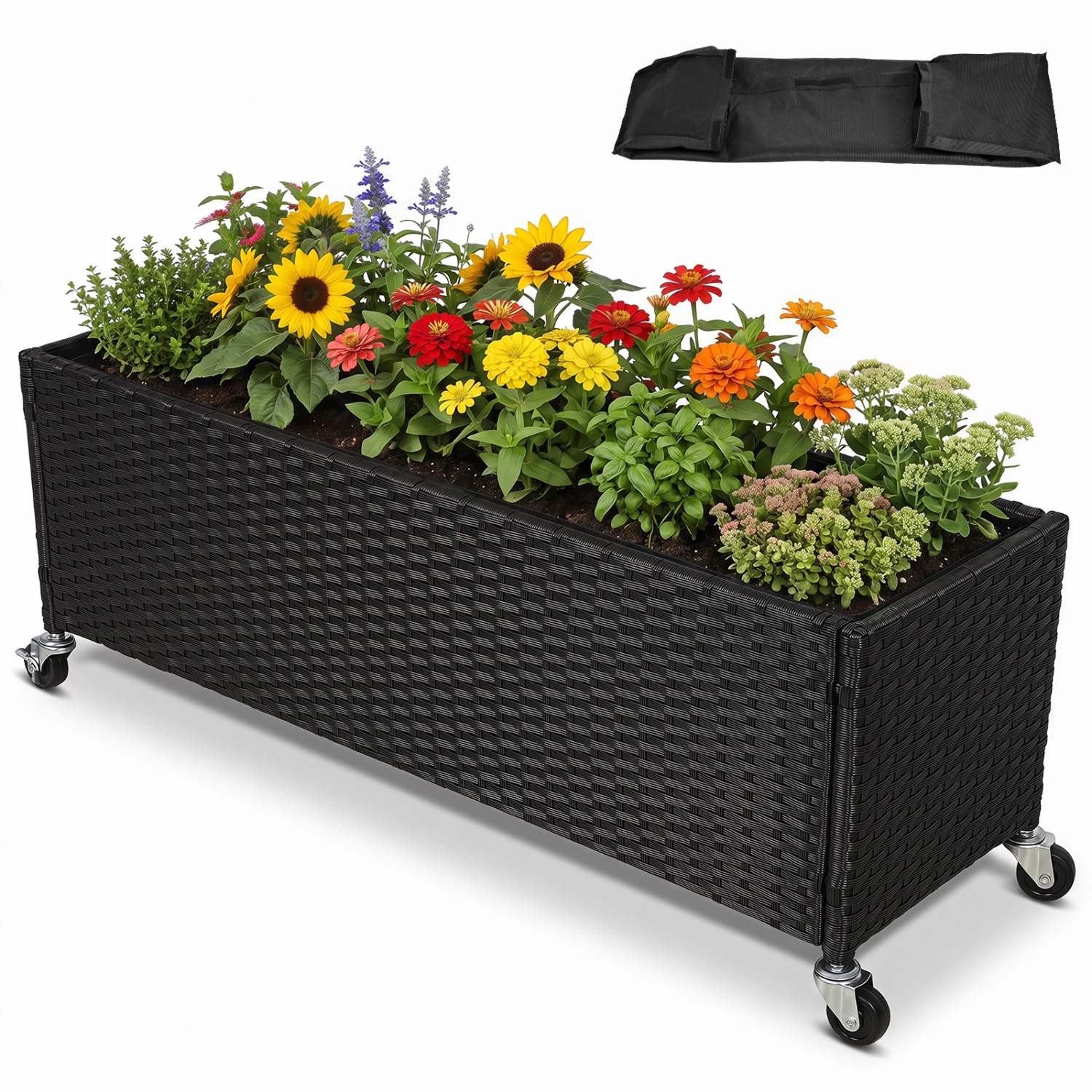 LJG Raised Garden Bed PE Rattan Wicker Patio Planter Box with Liner and Wheels