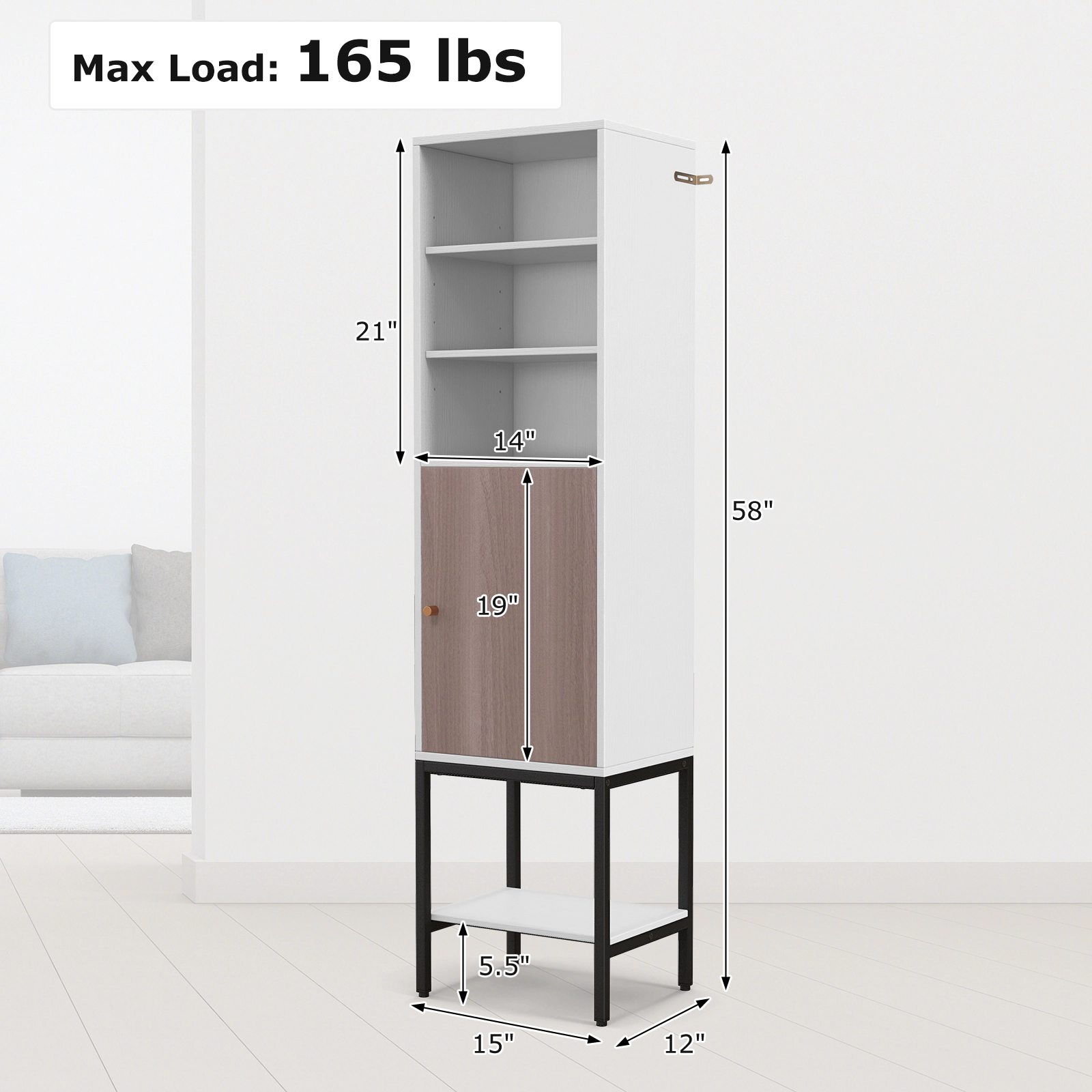 SUGIFT White 57-in 165-lb Capacity Narrow Bathroom Storage Cabinet with 1 Door 3 Open Compartments and Countertop