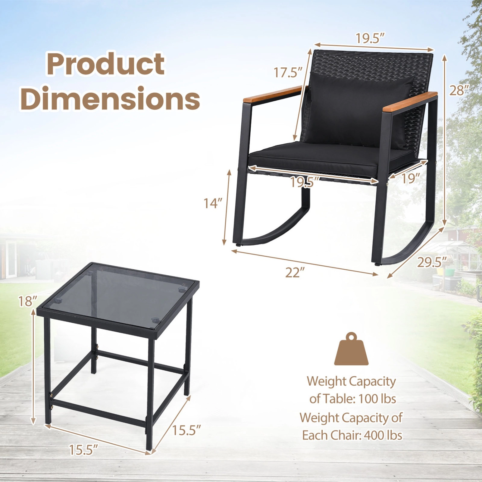 SUGIFT Outdoor Rocking Bistro Set with Cushions & Tempered Glass Table 397-lb Chair Capacity 99-lb Table Capacity Black