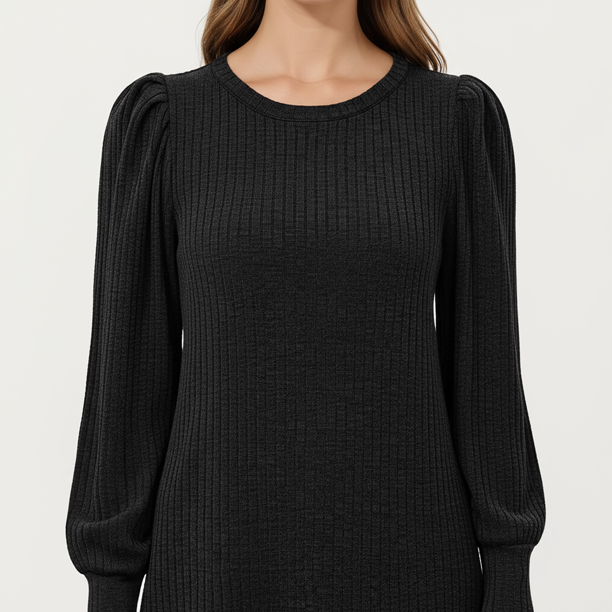 Anna-Kaci Women's Ribbed Knit Long Sleeve Puff Shoulder A-Line Dress