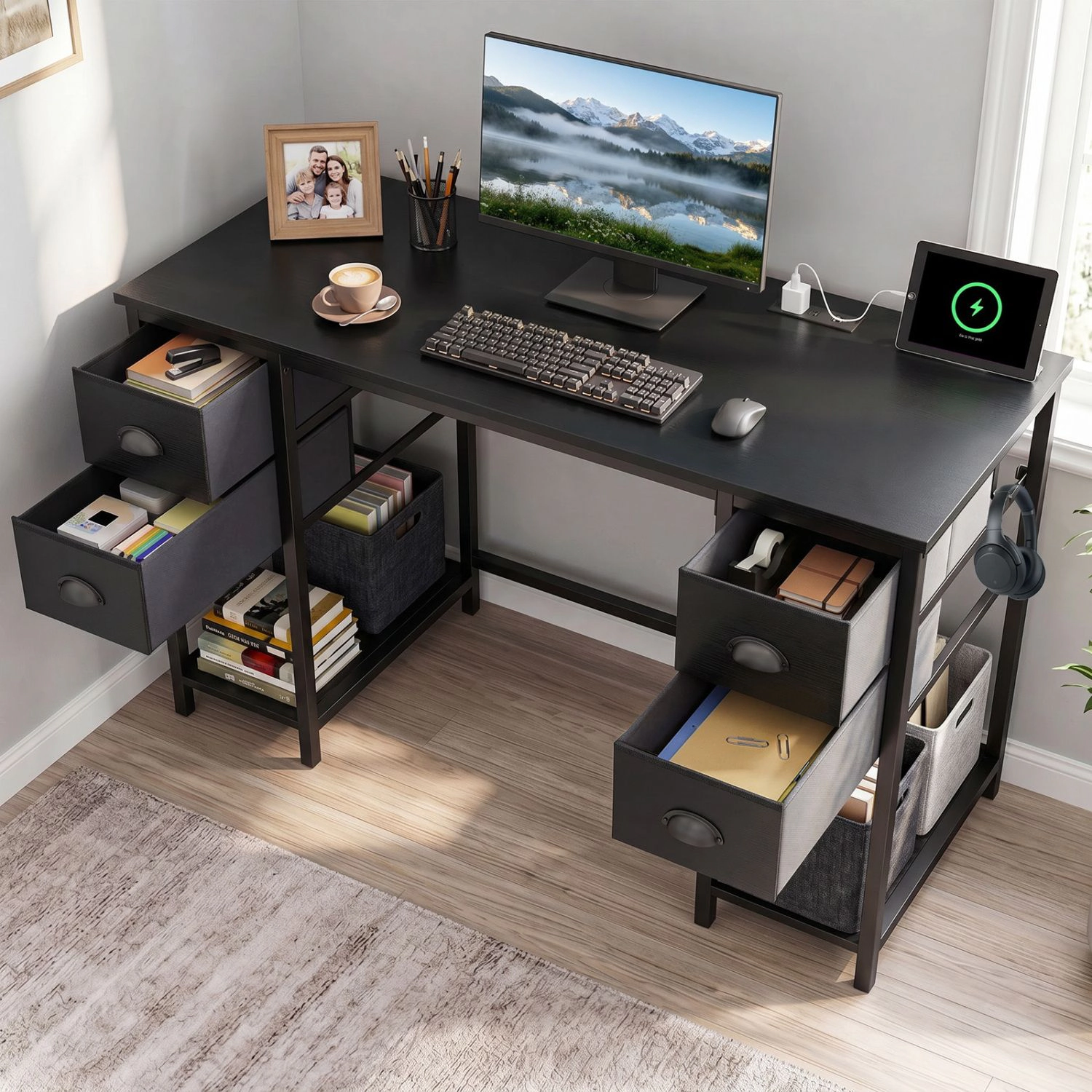 SlickBlue 48 Inch Computer Desk with Power Outlet and Drawers