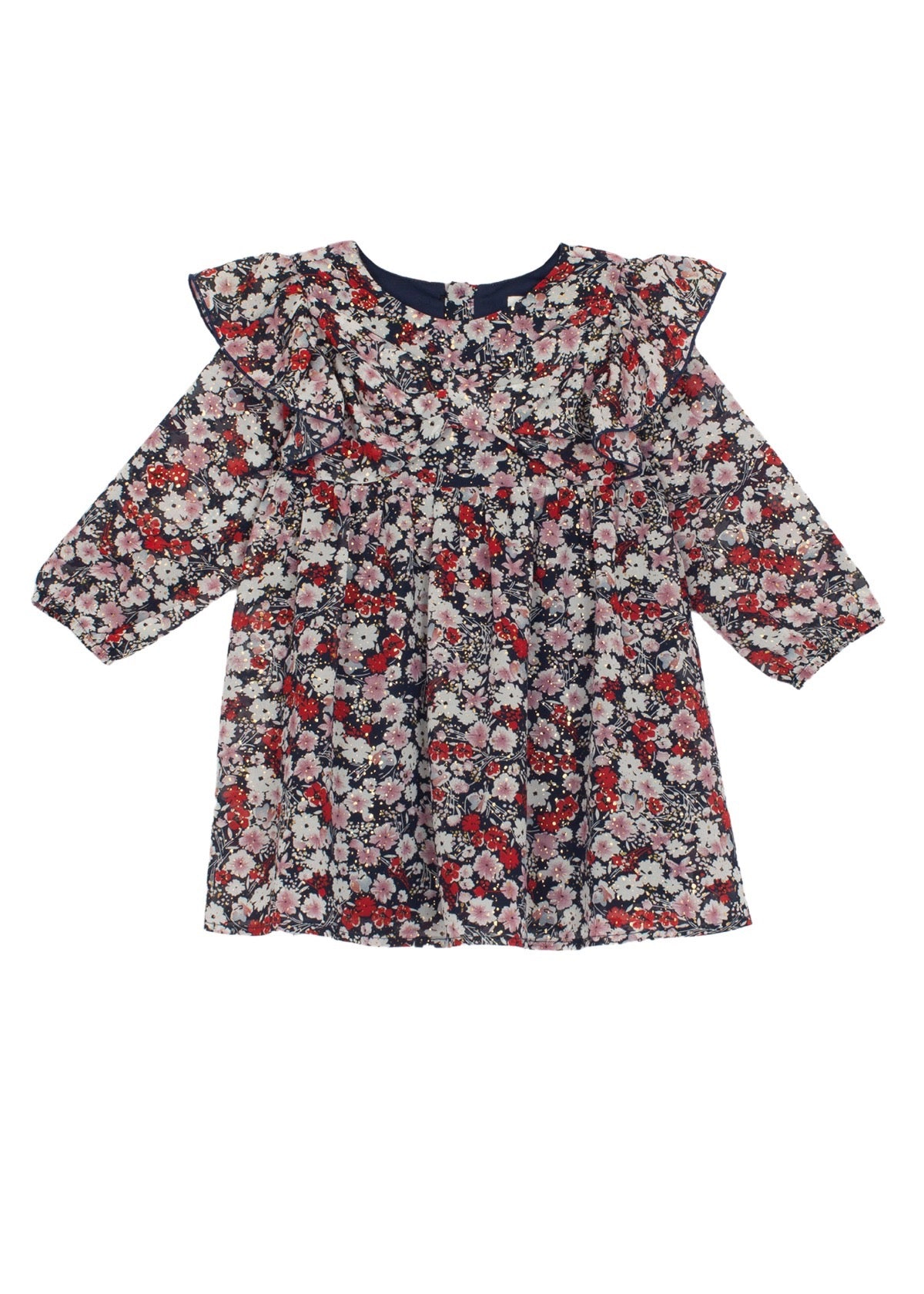 Mabel and Honey Flora Chiffon Dress - Long Sleeve Ruffle Yoke Ditsy Floral