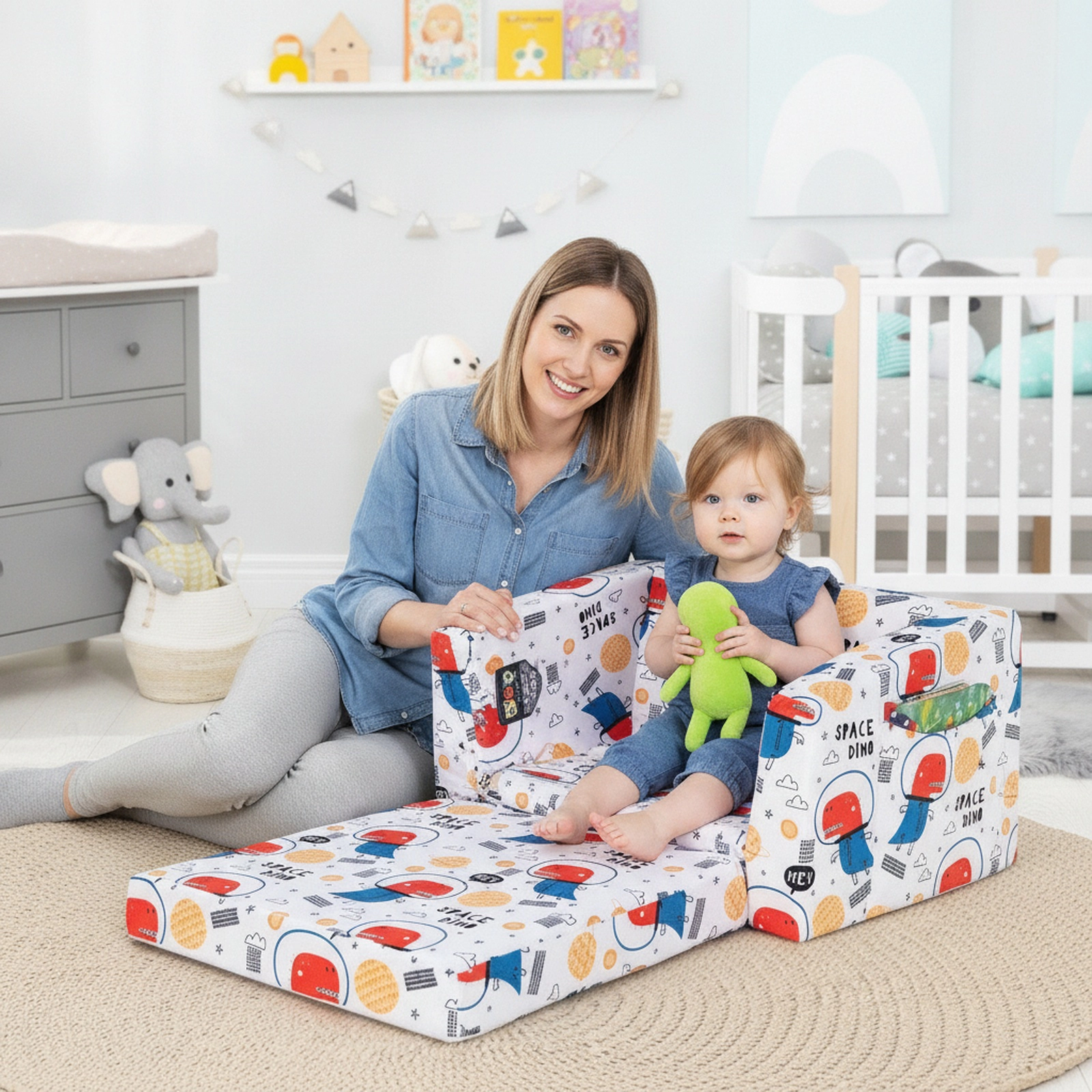 SUGIFT Convertible Toddler Sofa Sleeper, Velvet Chair with Storage Pockets, White