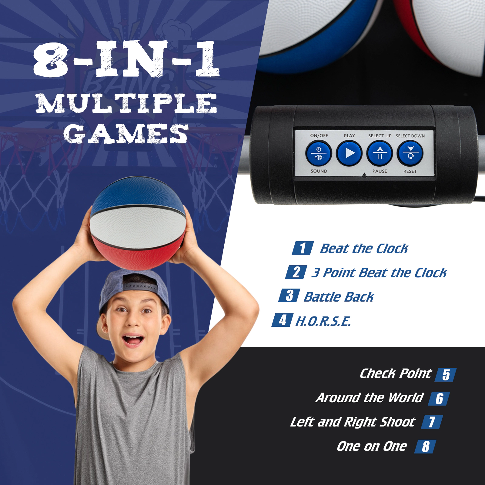 SUGIFT Dual Shot Basketball Arcade Game 8 Modes Electronic Scoring 4 Basketballs 43 x 32 x 81-in Folded Ages 6+ White