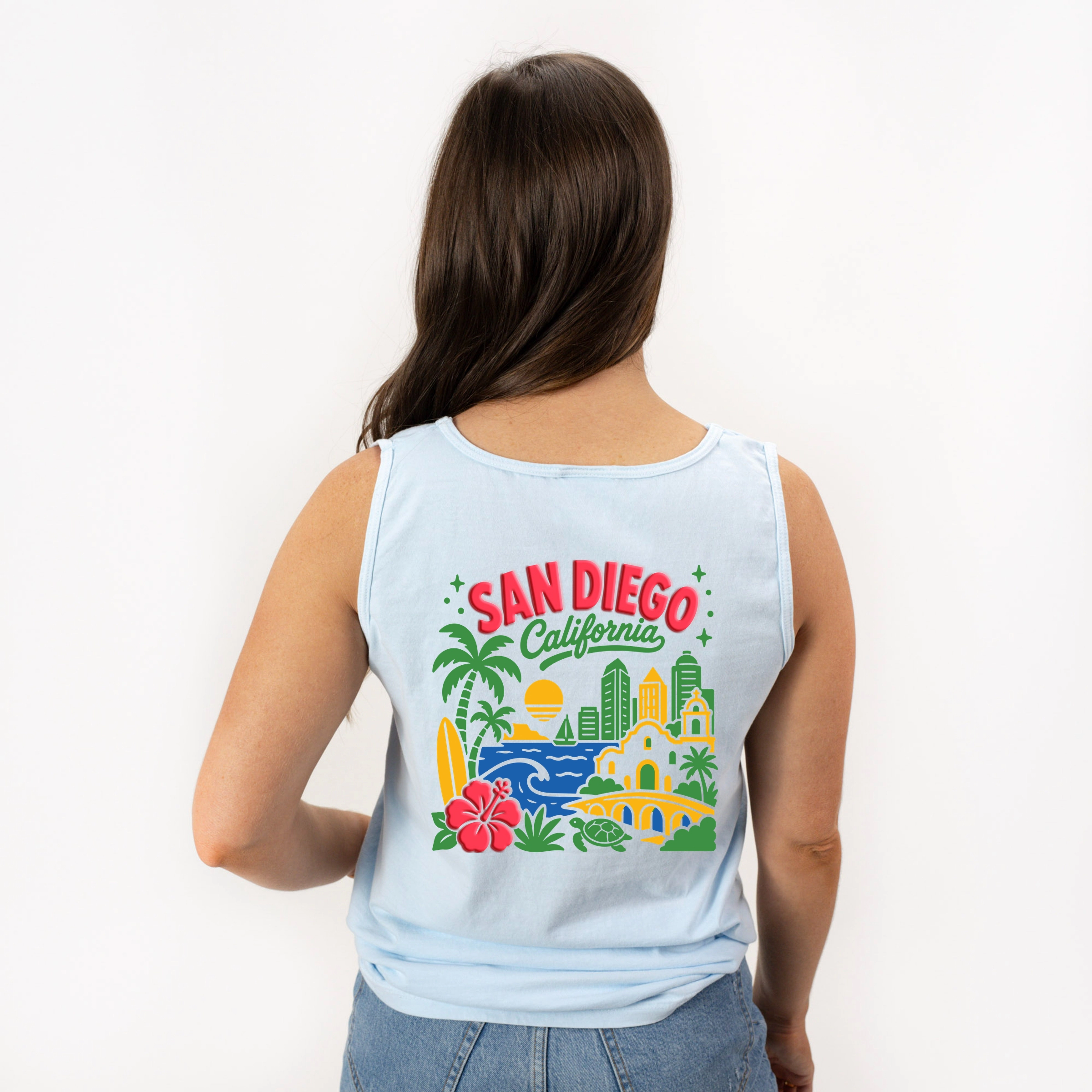 Simply Sage Market - Women's Garment Dyed Graphic Tank Top San Diego Vibrant Puff Print