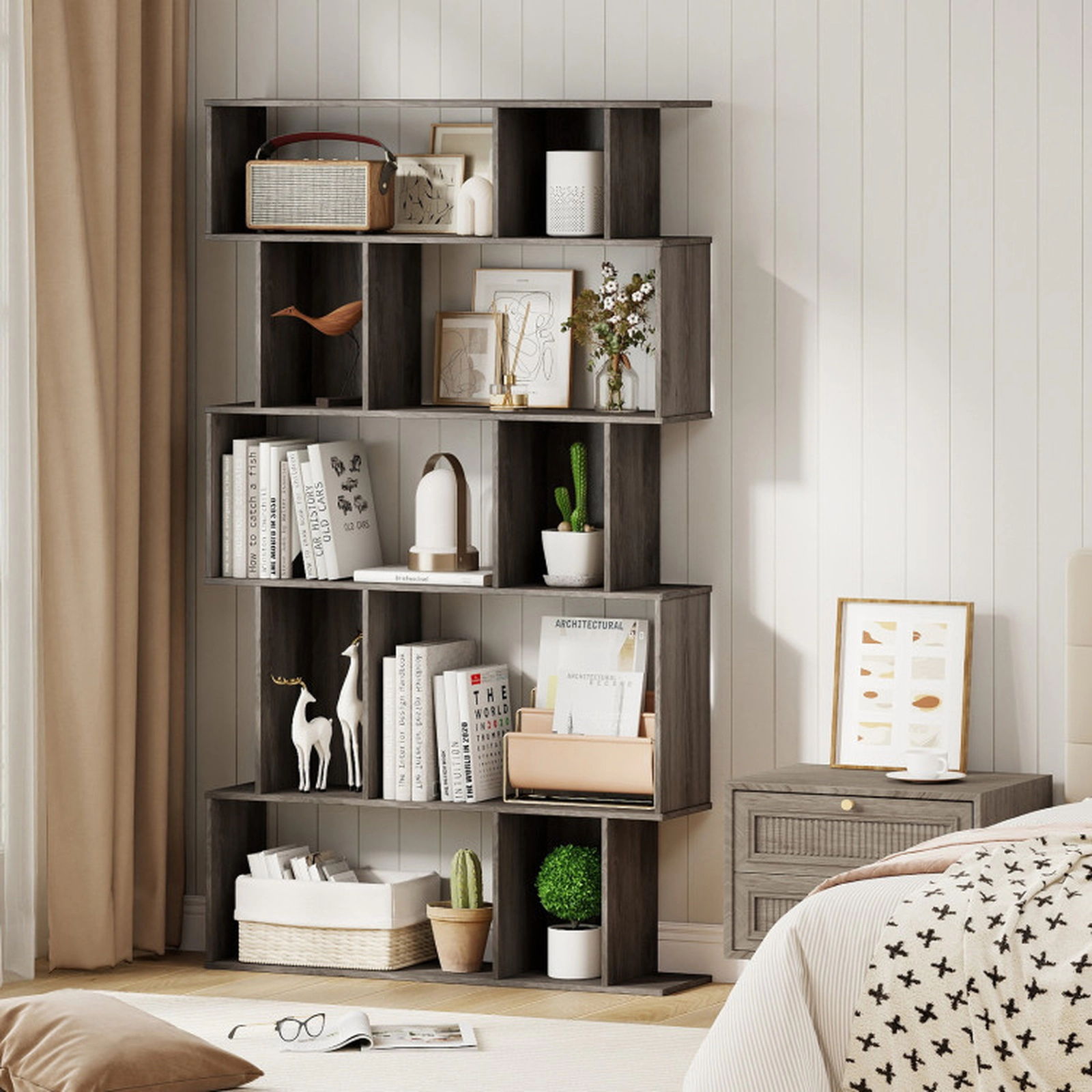 SUGIFT Geometric 5-Tier Engineered Wood Bookcase with Open Shelves and Closed-back Cubes 200-lb Capacity Oak