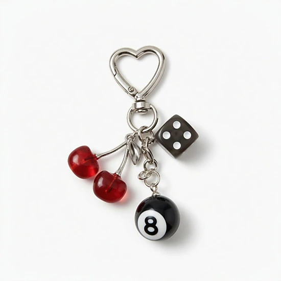 Alilang Women's 8 Ball Cherry Dice Charm Keychain with Heart Clip Novelty Bag Charm Key Ring Accessory
