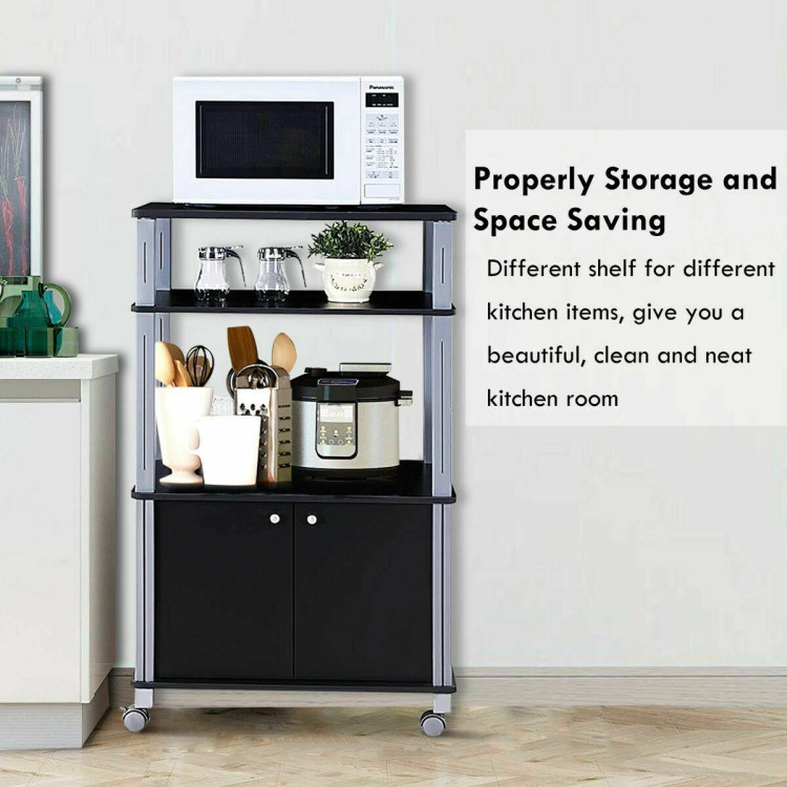 SUGIFT Black Rolling Microwave Cart with 2-Door Cabinet 3 Open Shelves and Locking Casters for Kitchen
