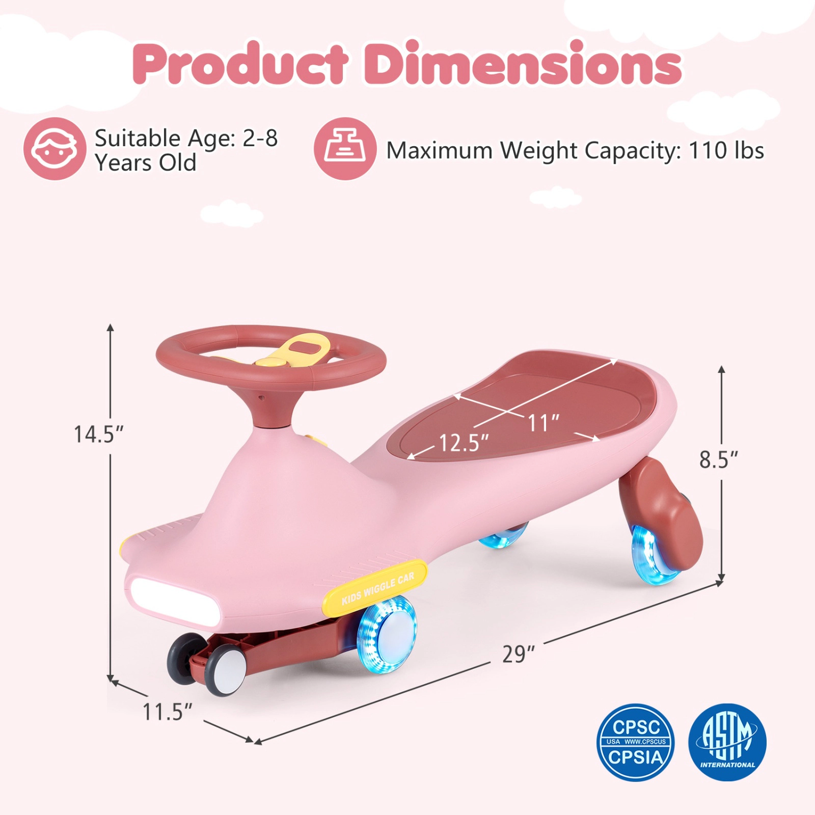 SUGIFT LED Flashing Wheel Wiggle Car Ride-On with Music 29 x 11.5 x 14.5 in Body Ages 2-8 Pink