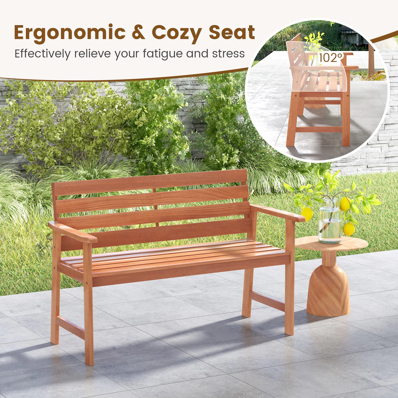 SUGIFT 48-In Solid Wood Outdoor Bench, 2-Seat, Natural, 400-Lb Capacity, Inclined Backrest