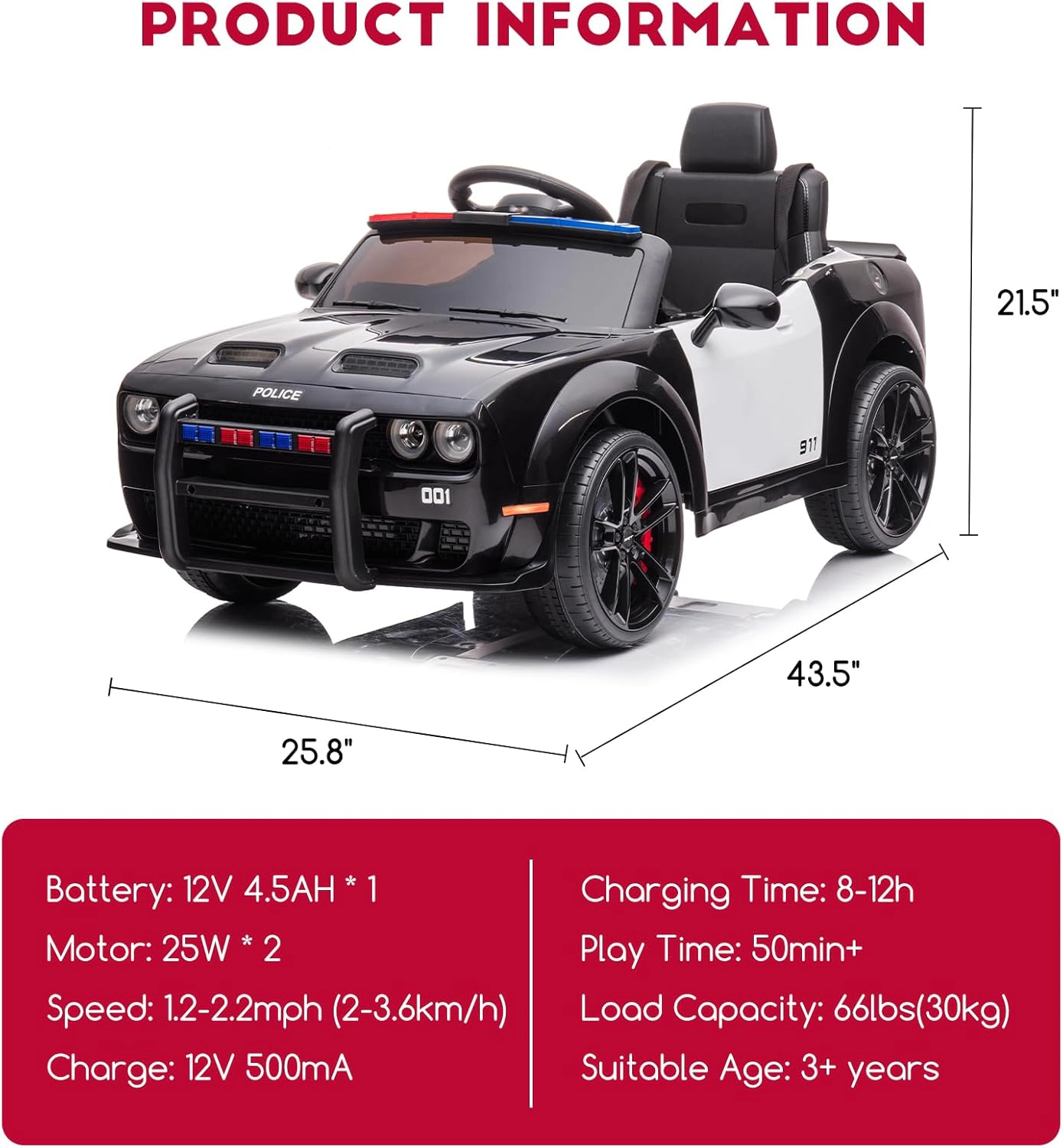 12V Kids Licensed Dodge Challenger Ride-On Car, Electric Vehicles with Remote, LED Lights, Bluetooth & MP3