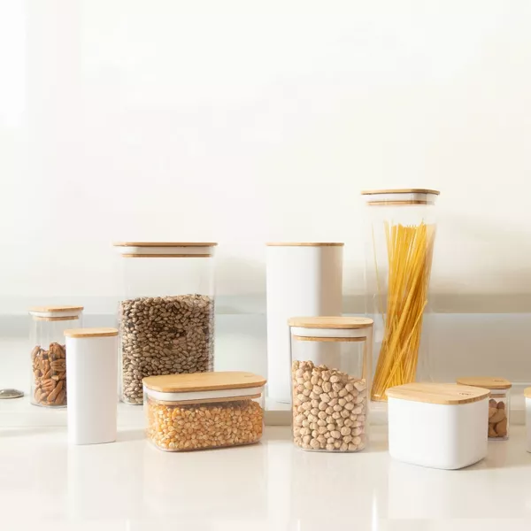 OU Airtight Food Storage Container Set 16pc, Clear Plastic Container w/ Leak Proof Bamboo Lid Stackable Pantry Organizer