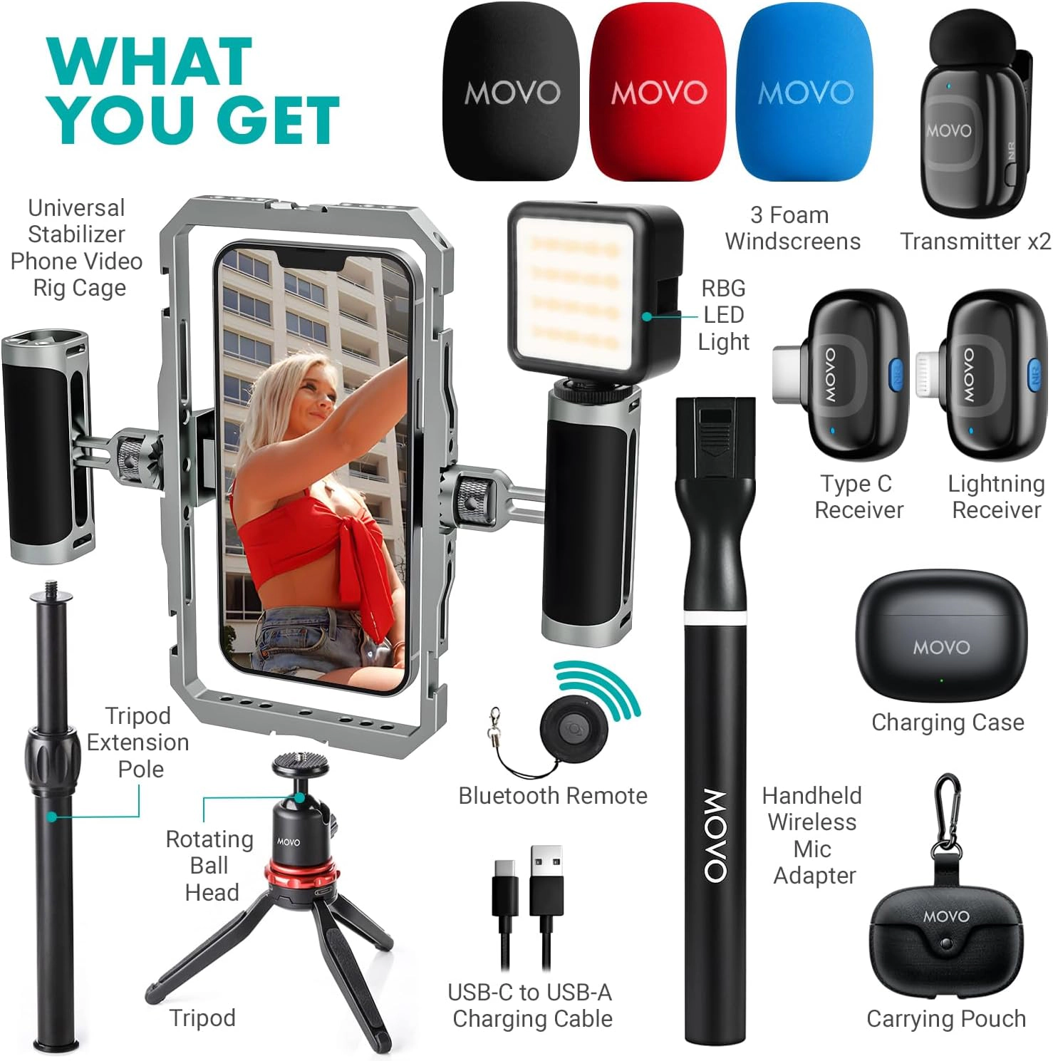 Movo iFilmer PRO Smartphone Rig with Dual Grip Cage Wireless Lavalier Mics and Tripod for iPhone and Android
