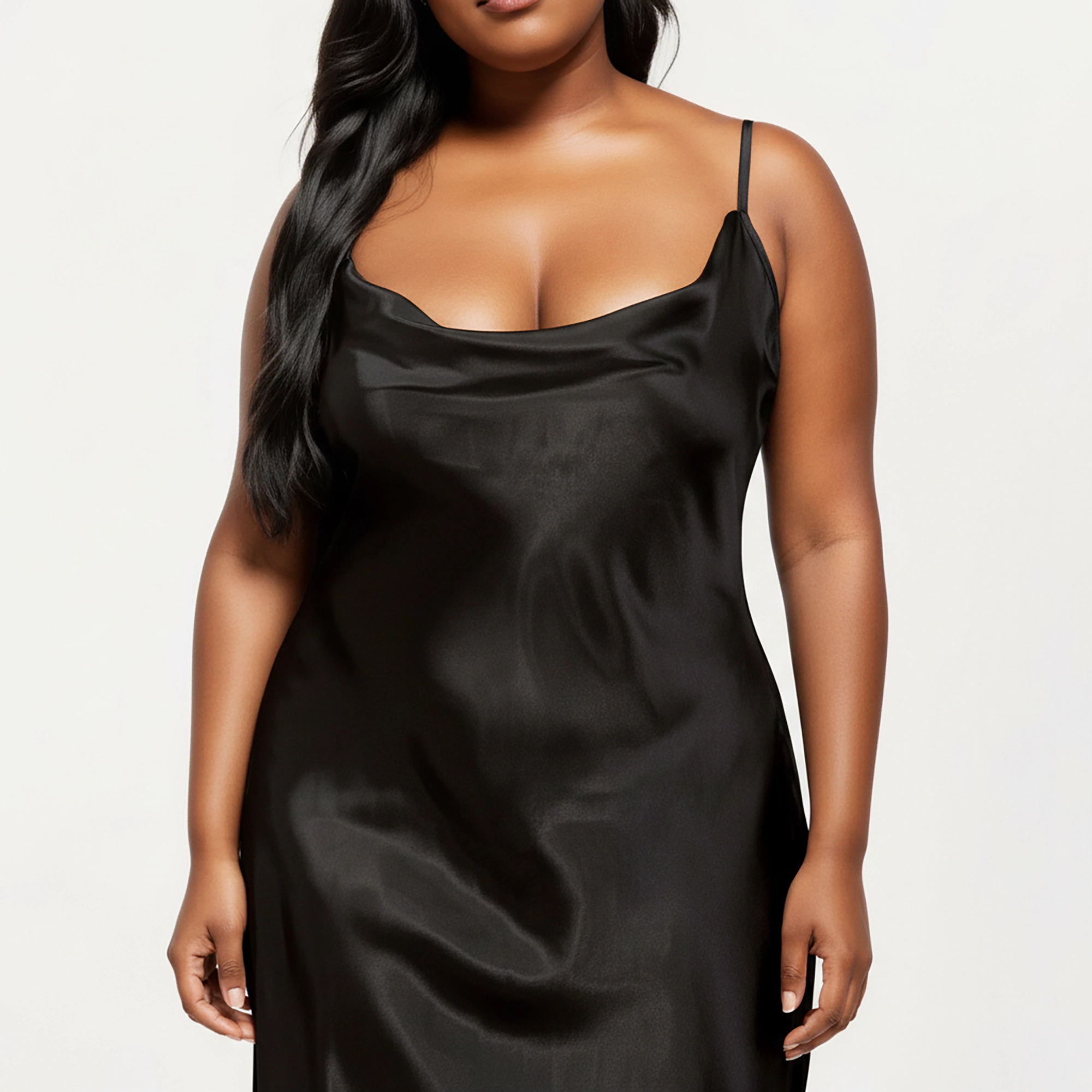 Anna-Kaci Women's Plus Satin Midi Slip Dress with Draped Neckline and Smooth Glossy Fabric