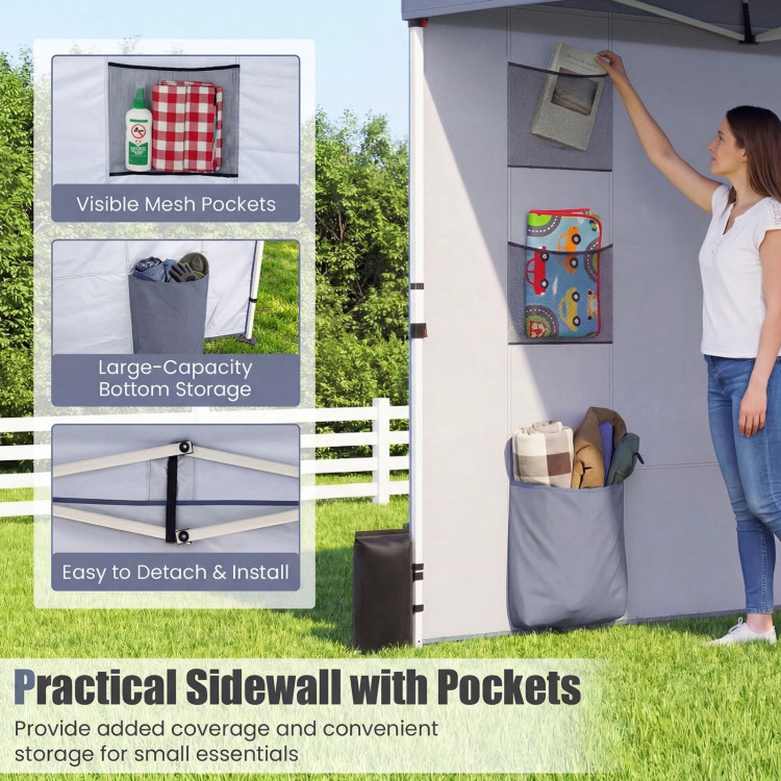 SUGIFT Pop Up Canopy Tent with Sidewall and 6 Storage Pockets 3-Height Adjustable Gazebo Gray