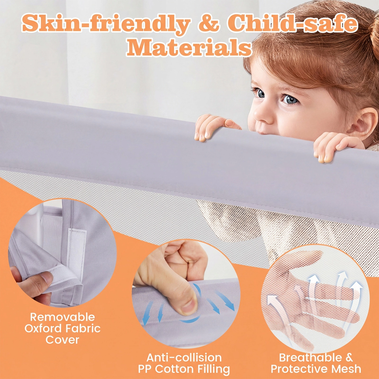 47-in Foldable Bed Rail for Toddlers Swing Down Bed Guard with Adjustable Strap Washable Cover Tool-Free Install White
