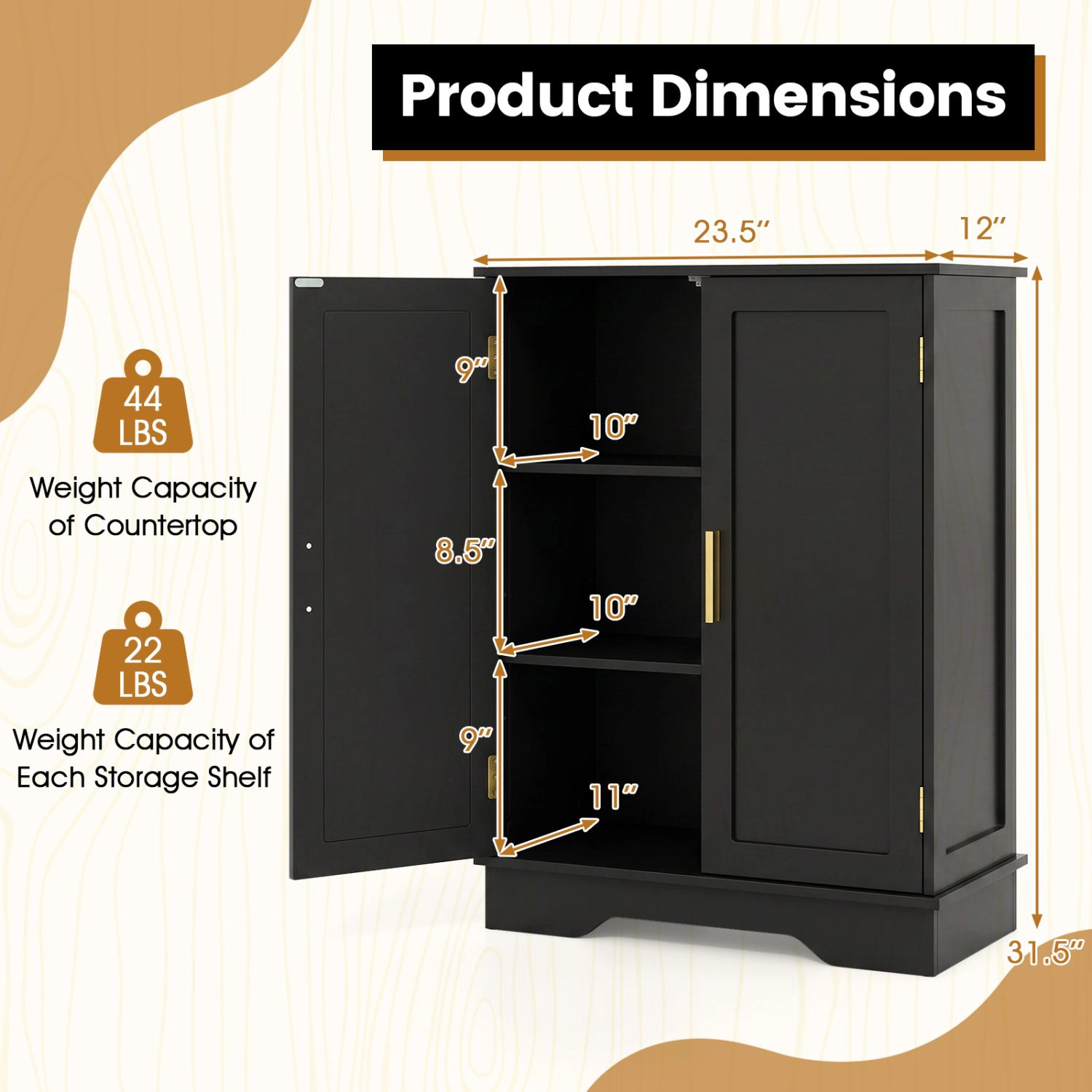 SlickBlue Black Compact Floor Cabinet for Bathroom Kitchen and Living Spaces