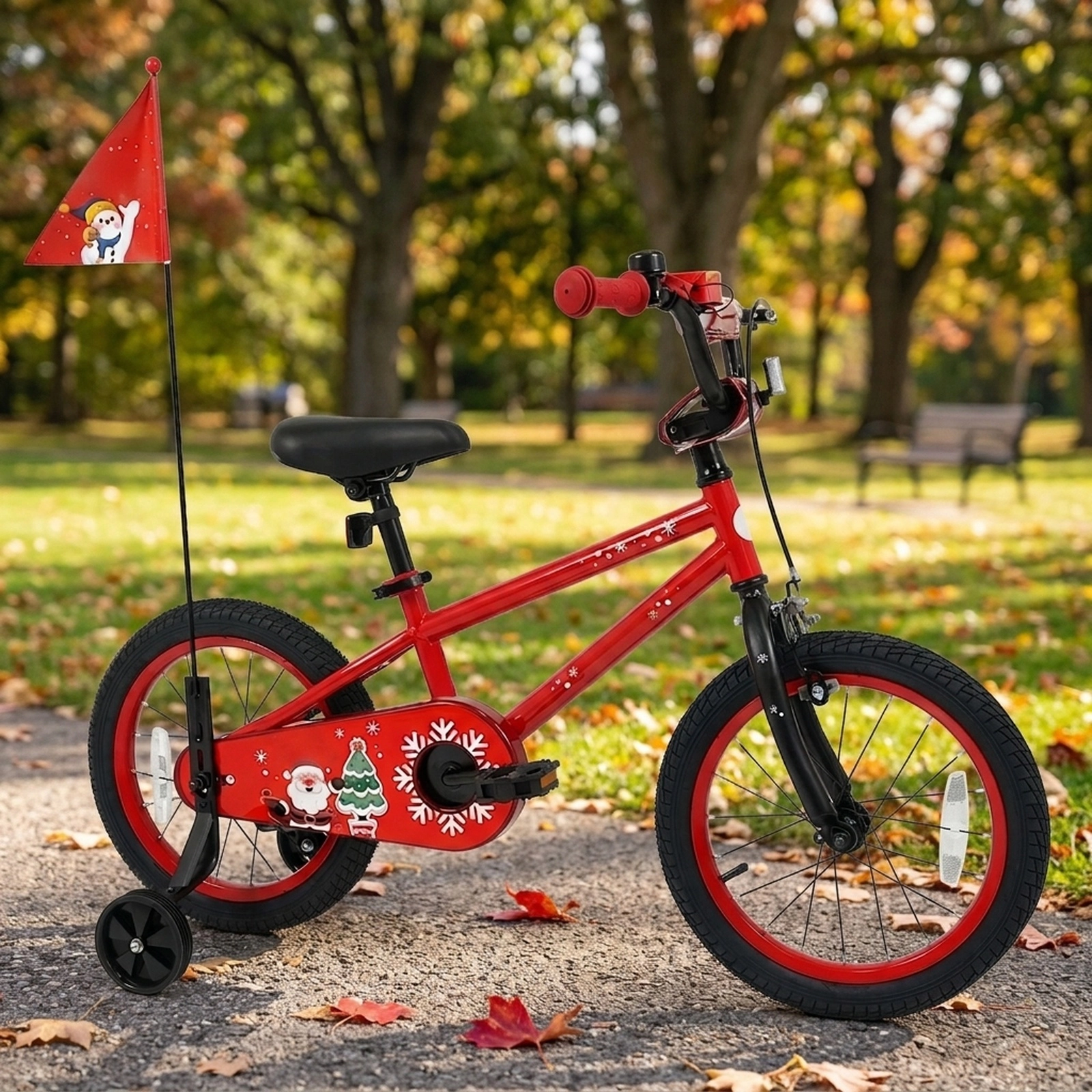 16-in Kids Bike Christmas Music Safety Flag Detachable Training Wheels Front V-Brake and Coaster Brake Ages 4-7 Red