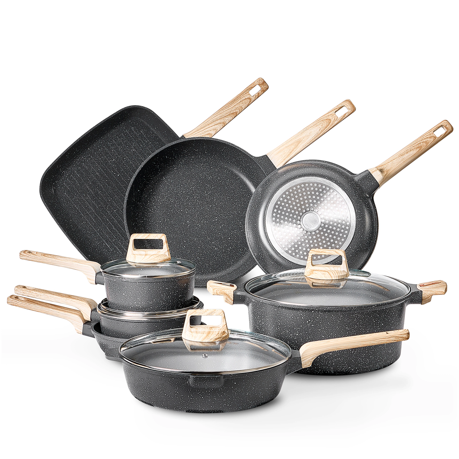 HONGGE Pots and Pans Set Granite Nonstick Cookware Set Induction Cookwares Kitchen RV Cooking Sets with Frying Sauce