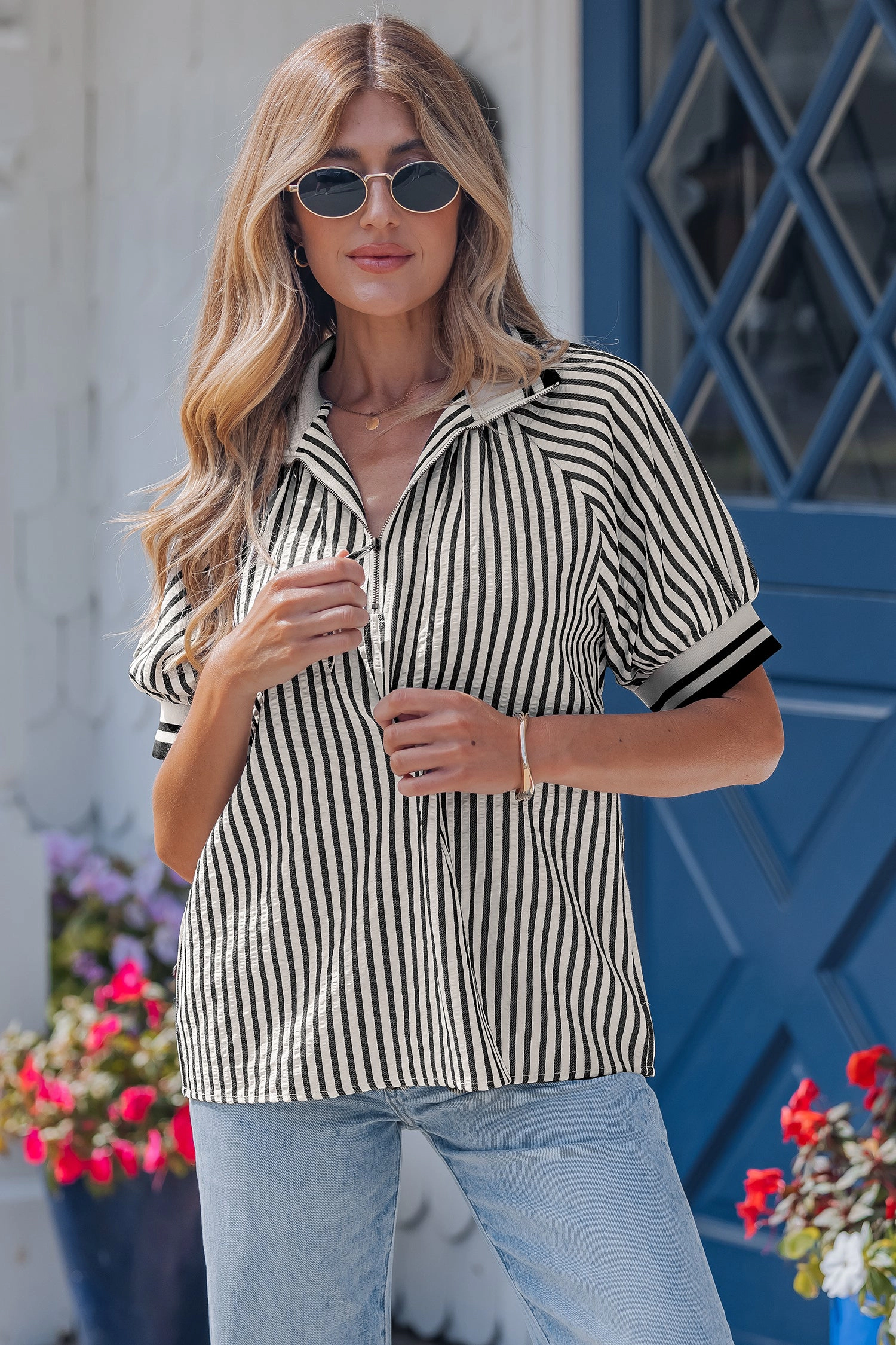 Threaded Pear Womens Riley Short Puff Sleeve Blouse
