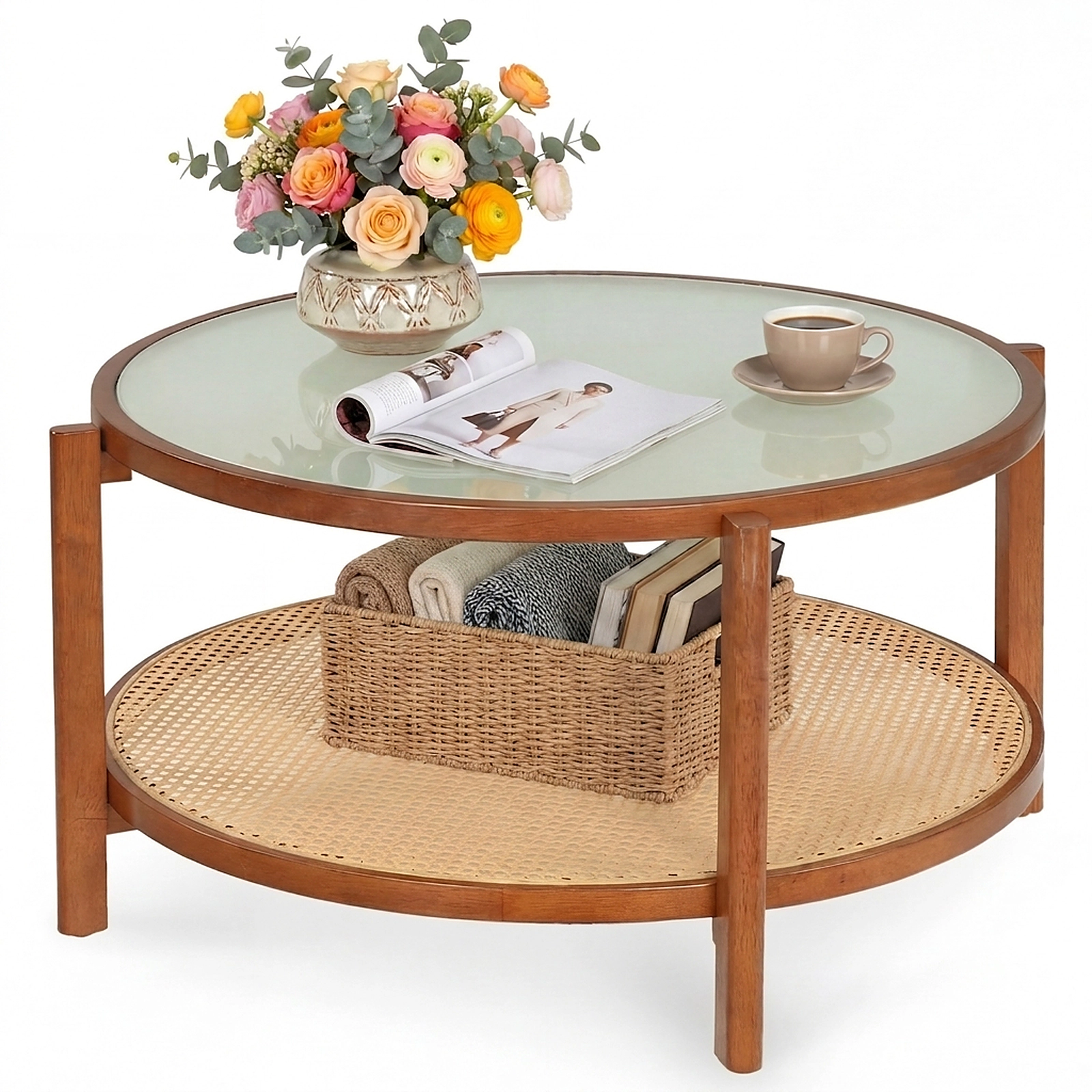 SUGIFT 2-Tier Round Frosted Glass Top PE Rattan Shelf Coffee Table 35-in x 35-in x 18-in 110-lb Capacity Walnut