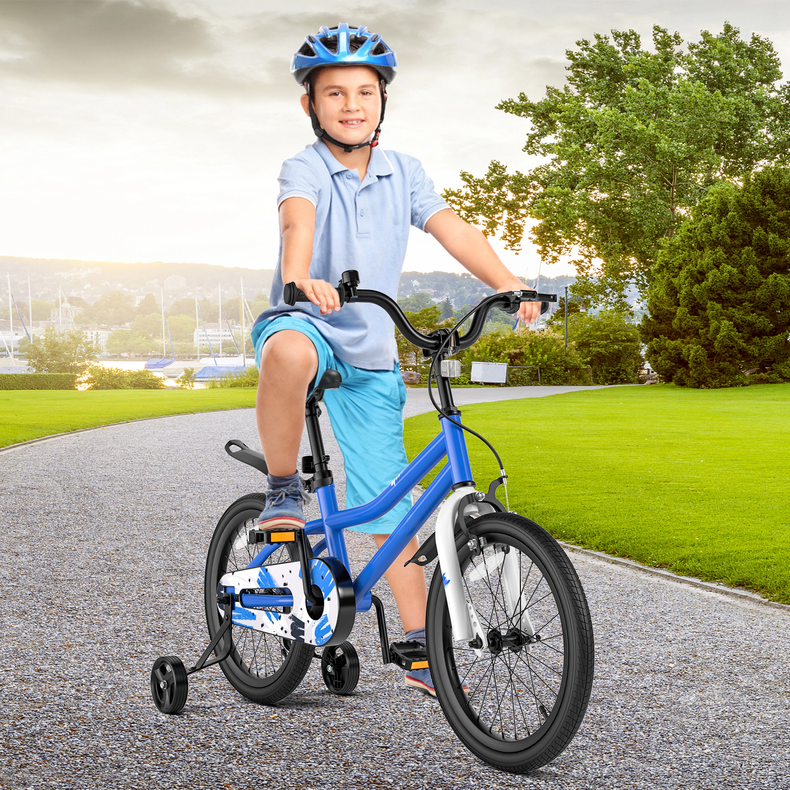 SUGIFT Blue Removable Training Wheels Basket Kickstand and Dual Brakes Kids 18 Inch Bike