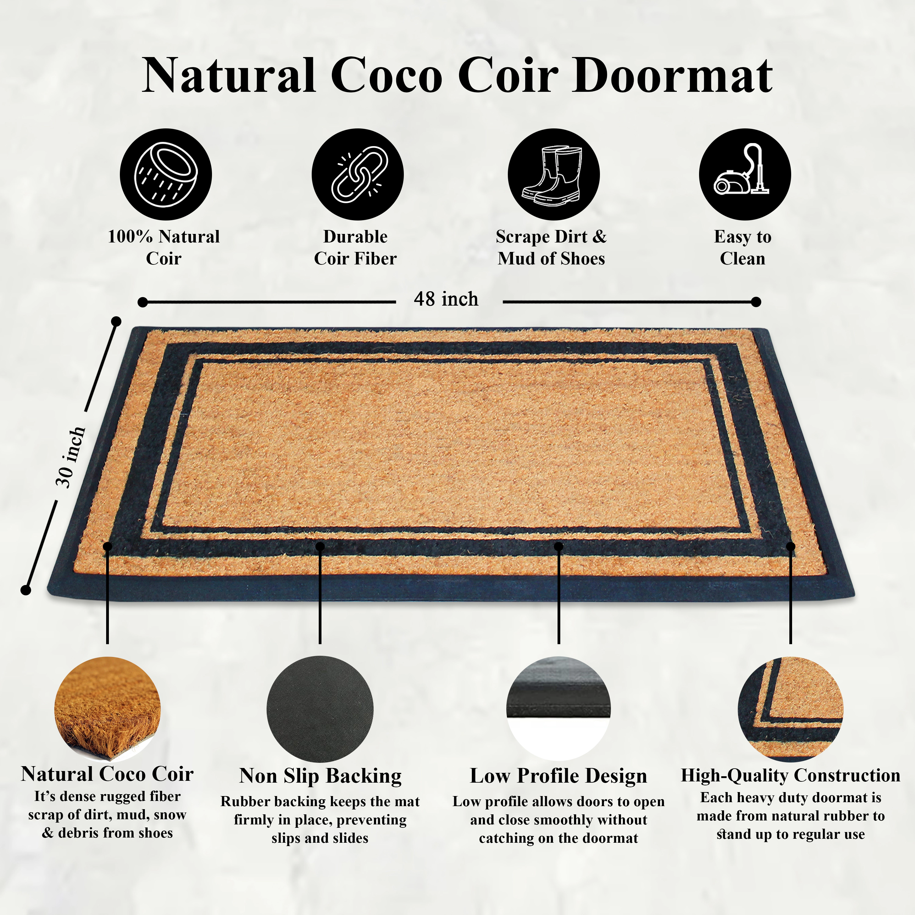 A1HC Coir and Rubber Door Mat 30x48 Inches Anti-Shed Fade-Resistant Heavy Duty Plain Border Black