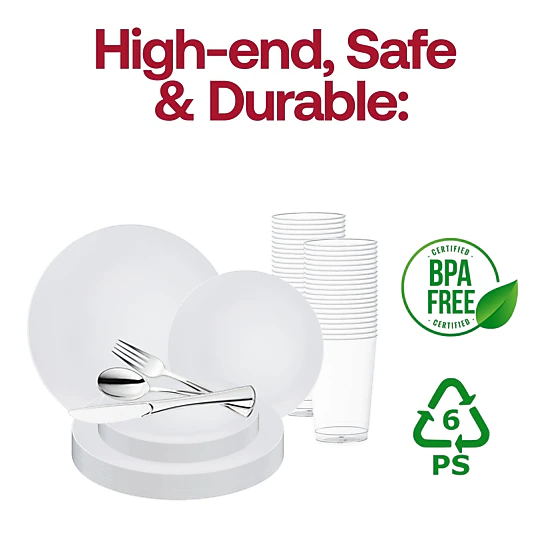 Smarty Had A Party White with Silver Rim Organic Round Disposable Plastic Wedding Value Set