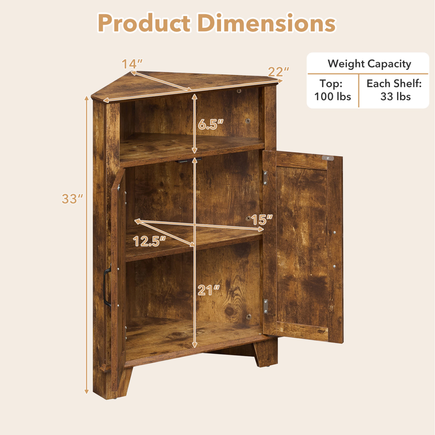 SUGIFT Rustic Brown 4-Tier Corner Accent Storage Cabinet with 2 Barn Doors and Open Shelf 22-in W 14-in D 33-in H