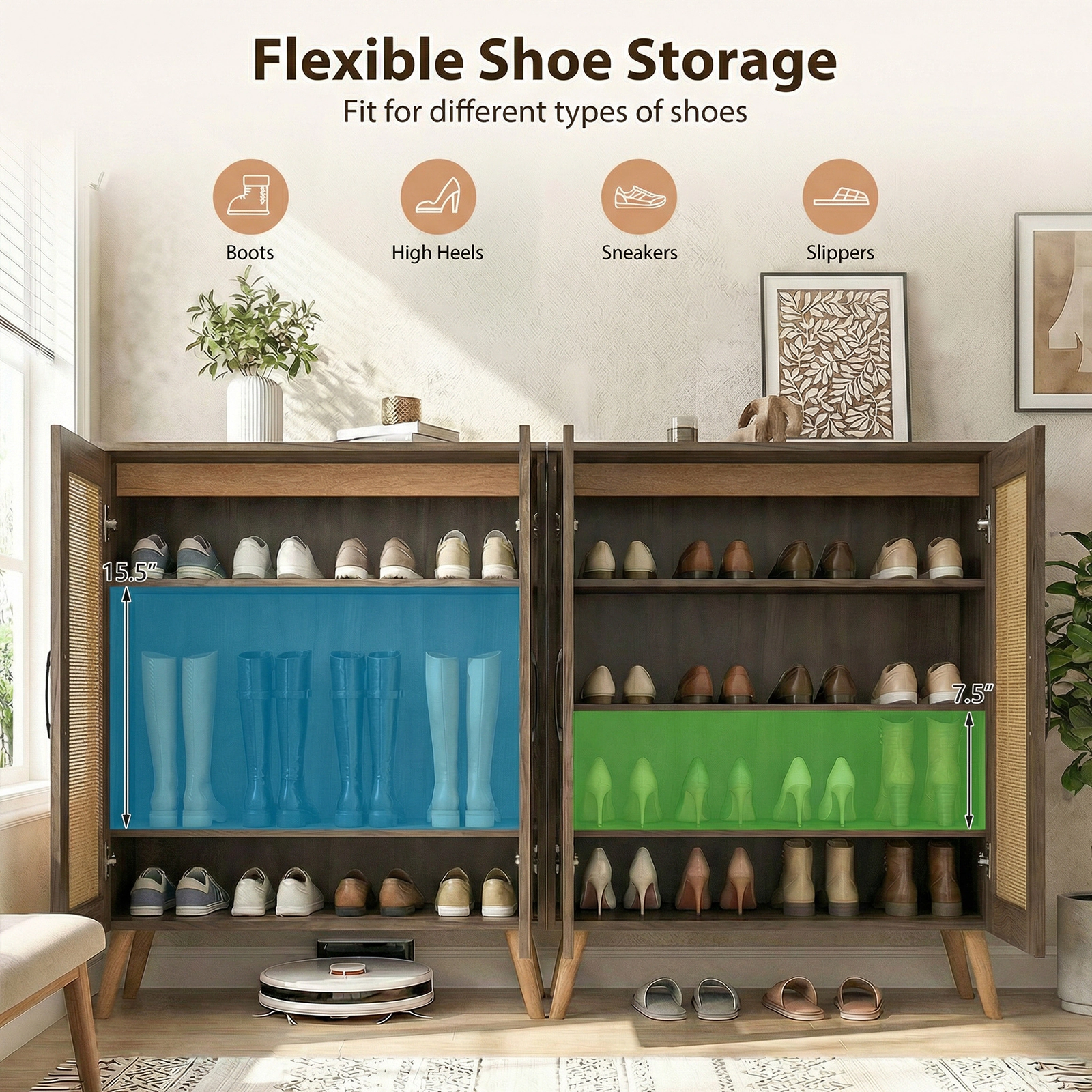 SUGIFT 5-Tier Walnut 37-in Tall Rattan Shoe Cabinet with 3 Removable Shelves and Solid Rubber Wood Legs