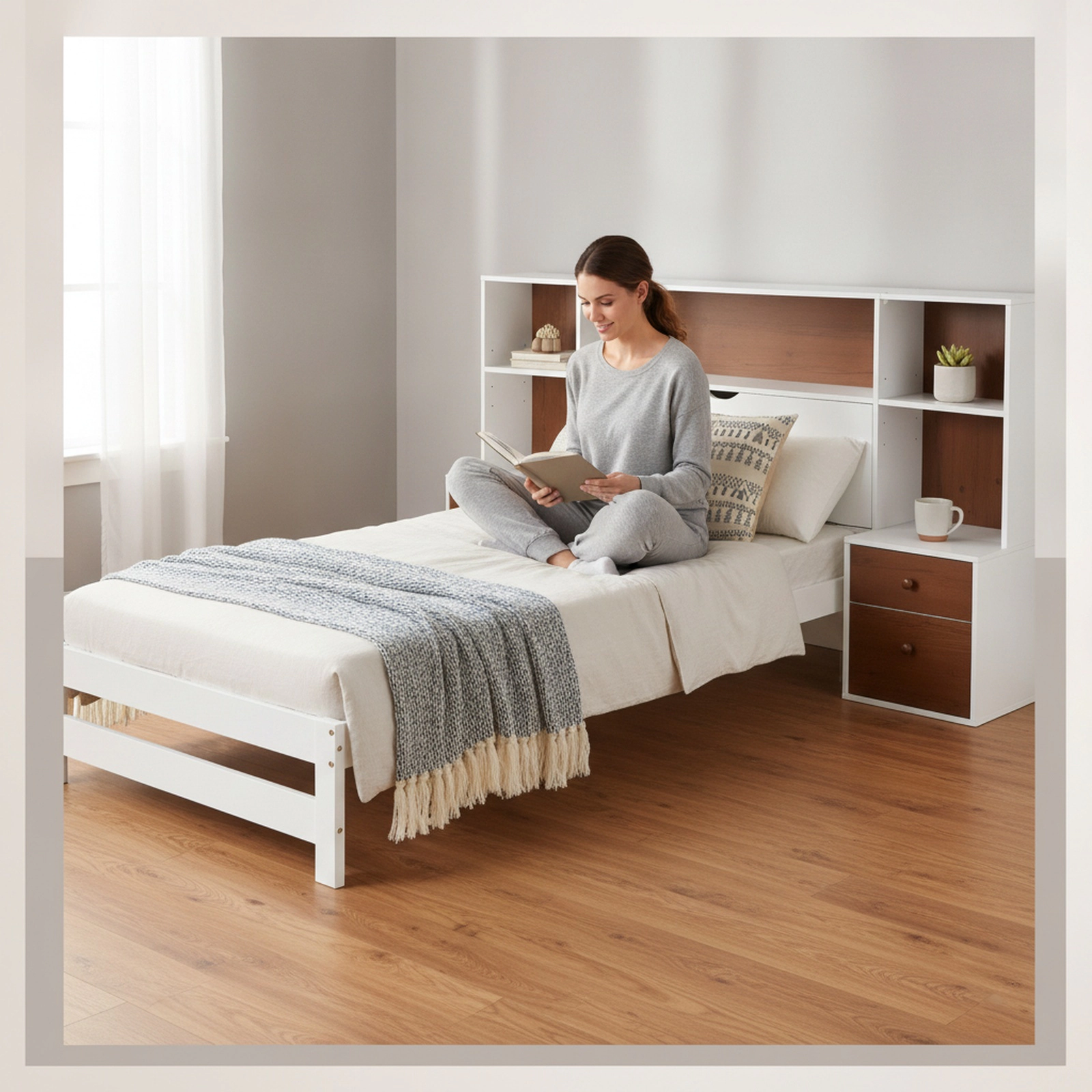 SUGIFT Twin Bed Frame with Storage Headboard and 2 Built-In Nightstands, White and Brown