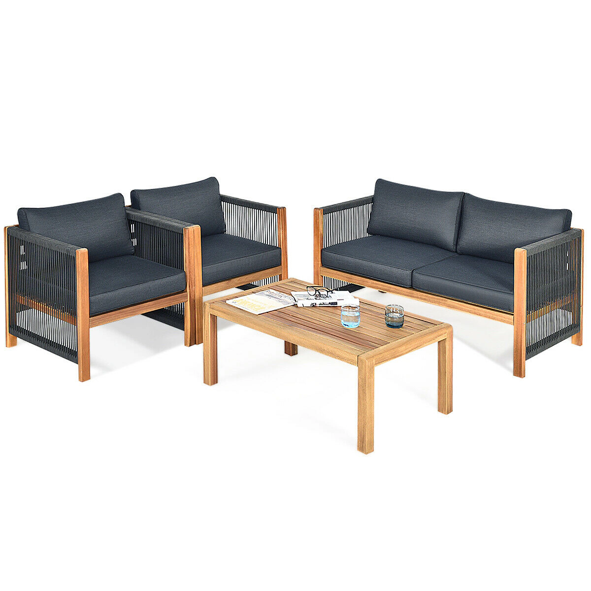 LJG 4 Pieces Acacia Wood Outdoor Patio Furniture Set with Cushions