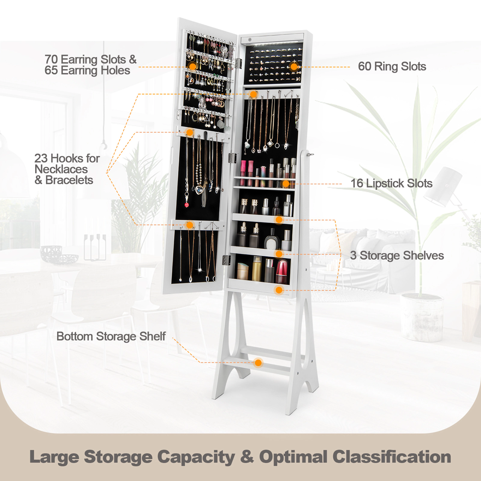 Slickblue 61 Inch Freestanding Jewelry Cabinet Armoire with Full-Length Beveled Mirror