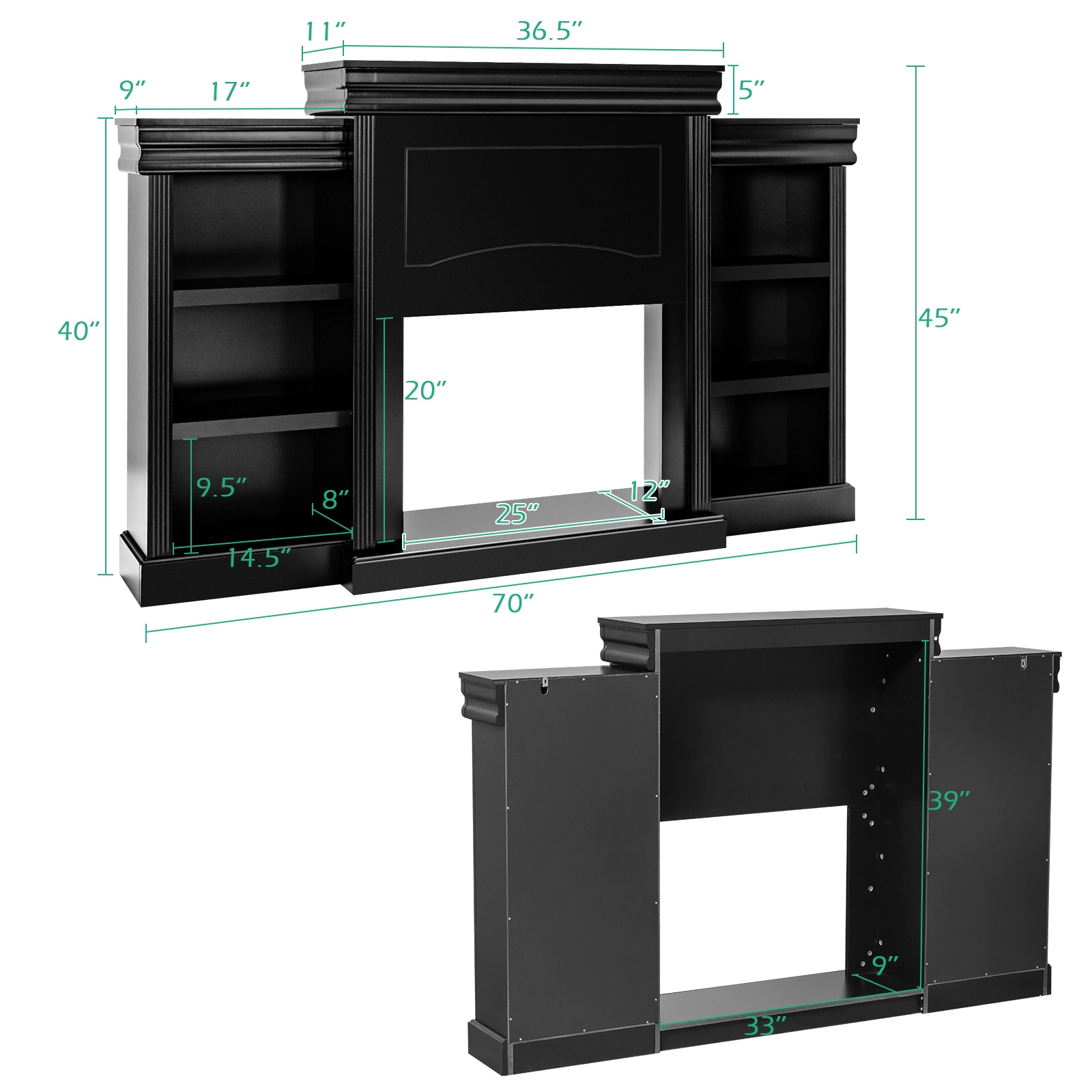 SUGIFT 70-in Modern Fireplace Media TV Stand with Bookcase 44-lb Tabletop Capacity Black