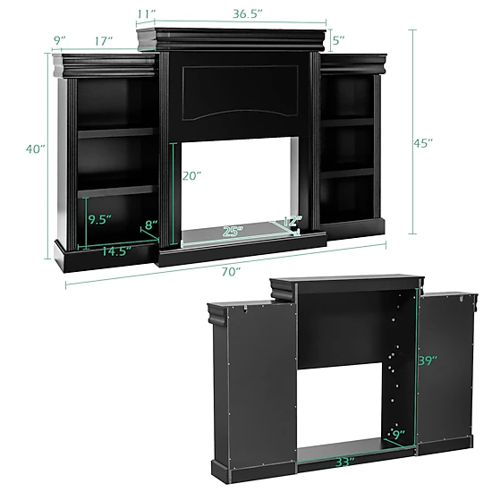SUGIFT 70-in Modern Fireplace Media TV Stand with Bookcase 44-lb Tabletop Capacity Black