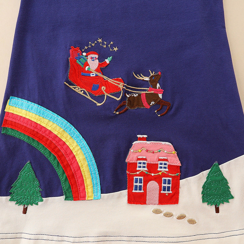 MyKids-USA Girls Navy Blue Christmas Cartoon Embroidery Dress