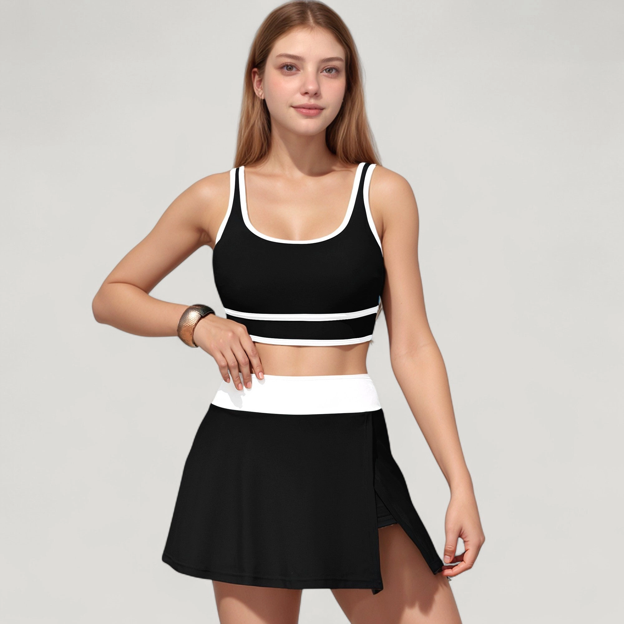 Anna-Kaci Womens Contrast Trim Scoop Neck Bikini Top and High Waist Skirted Swim Set