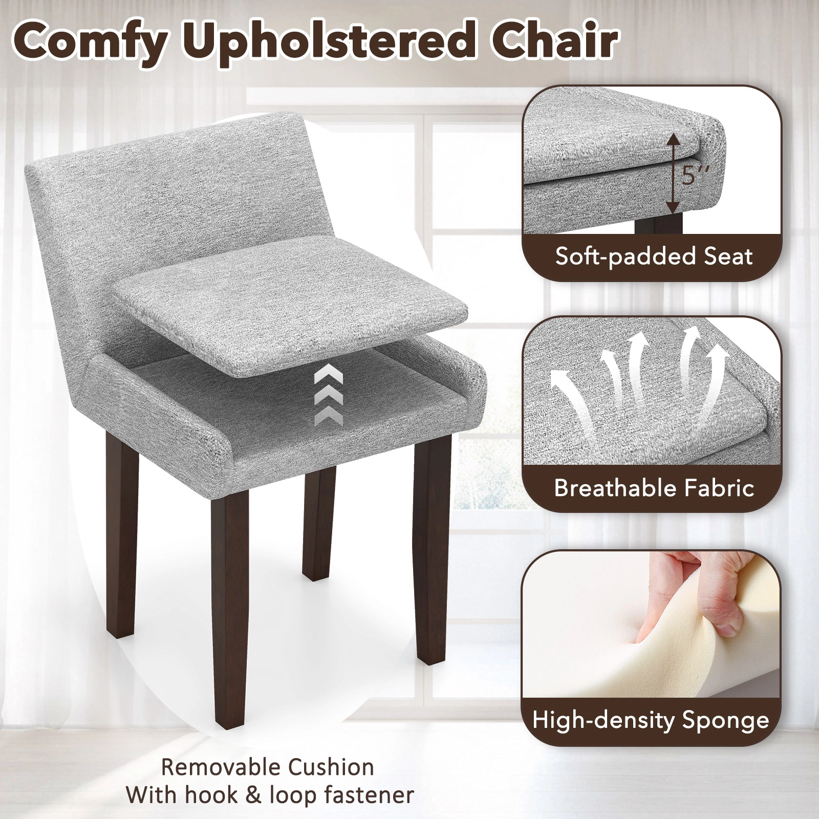 SUGIFT Modern Upholstered Fabric Side Leisure Chair Set of 2 with Removable Cushion 350-Lb Capacity Gray and Dark Brown