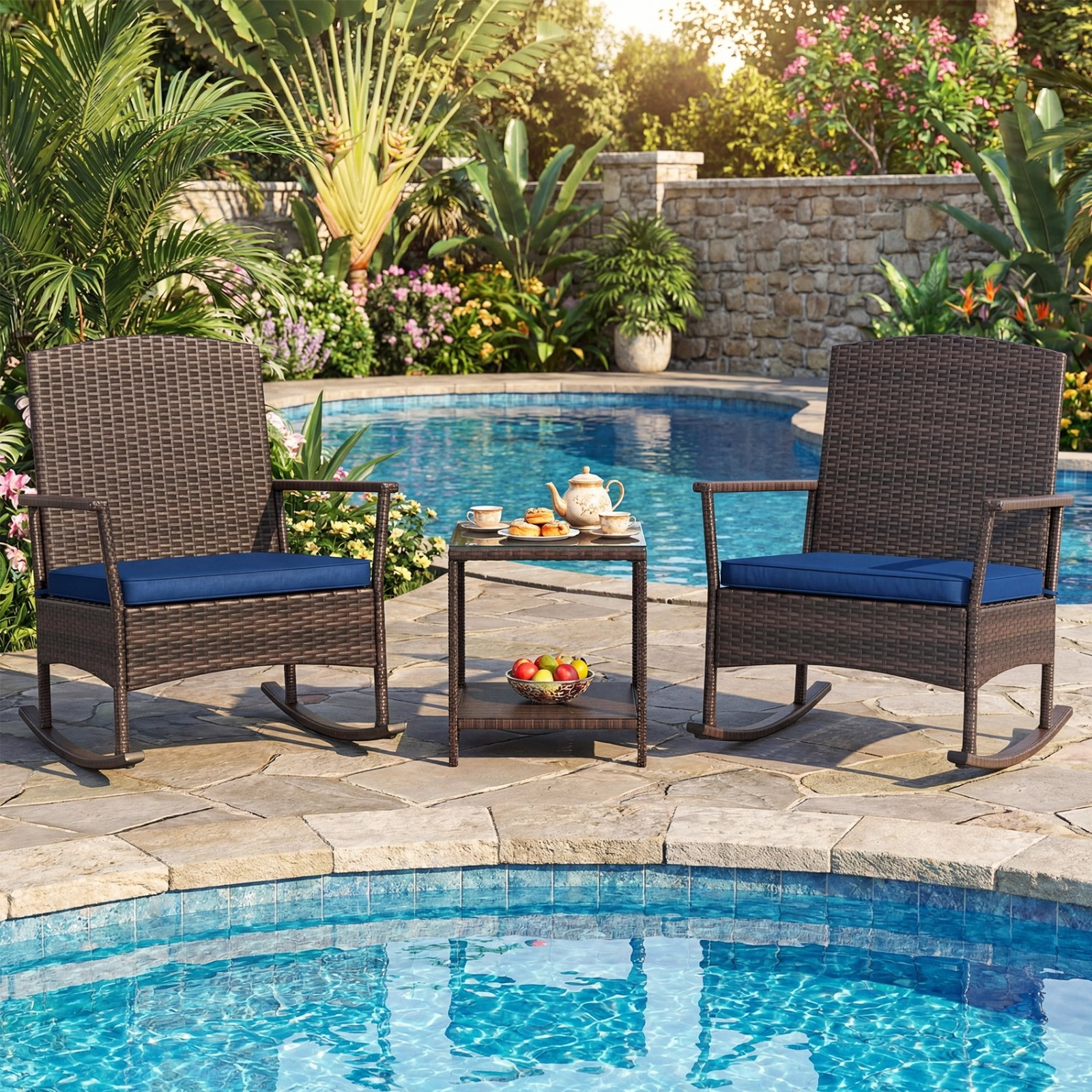 SUGIFT 3 Piece PE Rattan Patio Rocking Conversation Set 400-lb Rocking Chairs & 2-Tier Tempered Glass Coffee Table Navy