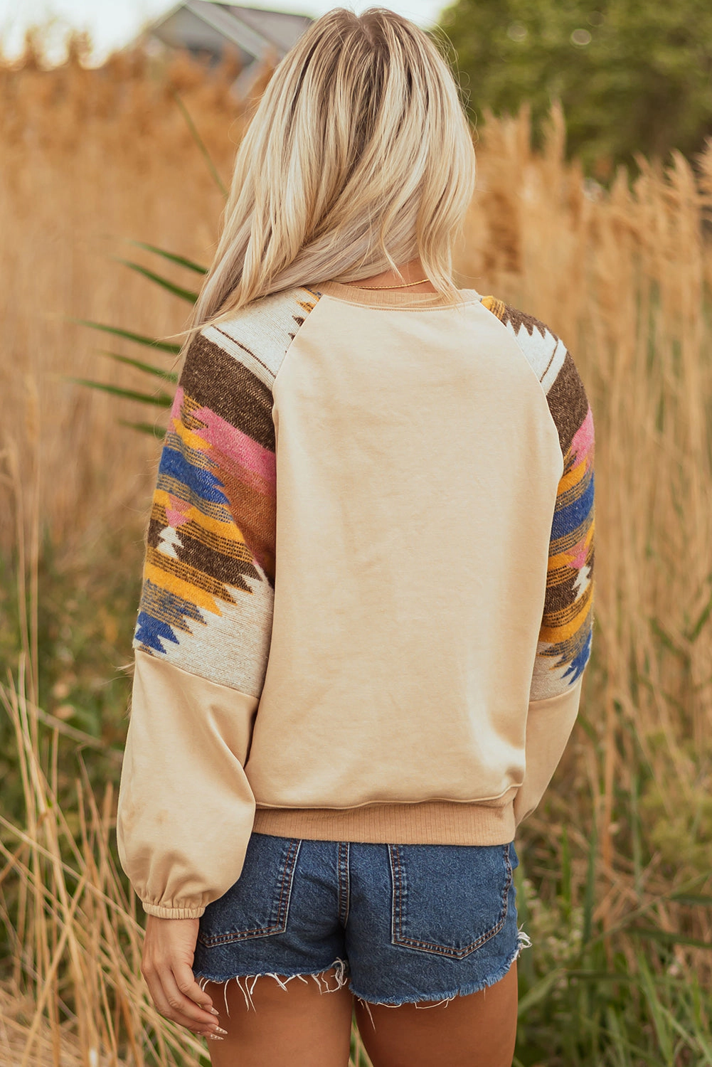 Threaded Pear Women's Logan Aztec Patchwork Raglan Pullover Sweatshirt