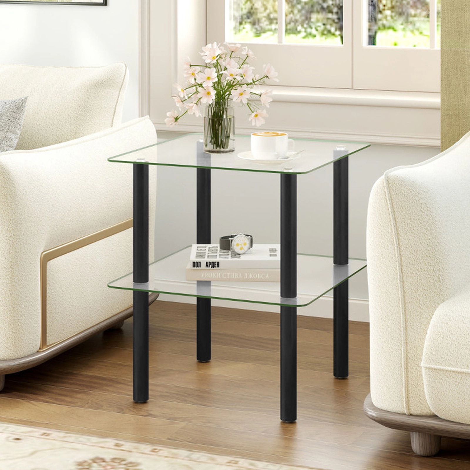 SUGIFT Clear Tempered Glass Top and Storage Shelf 2-Tier Black Square End Table