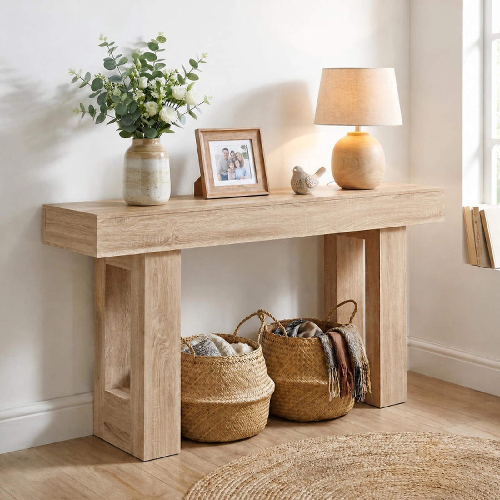 SUGIFT 63-in 135-lb Capacity Natural Farmhouse Behind Couch Console Table with Thickened Board Top