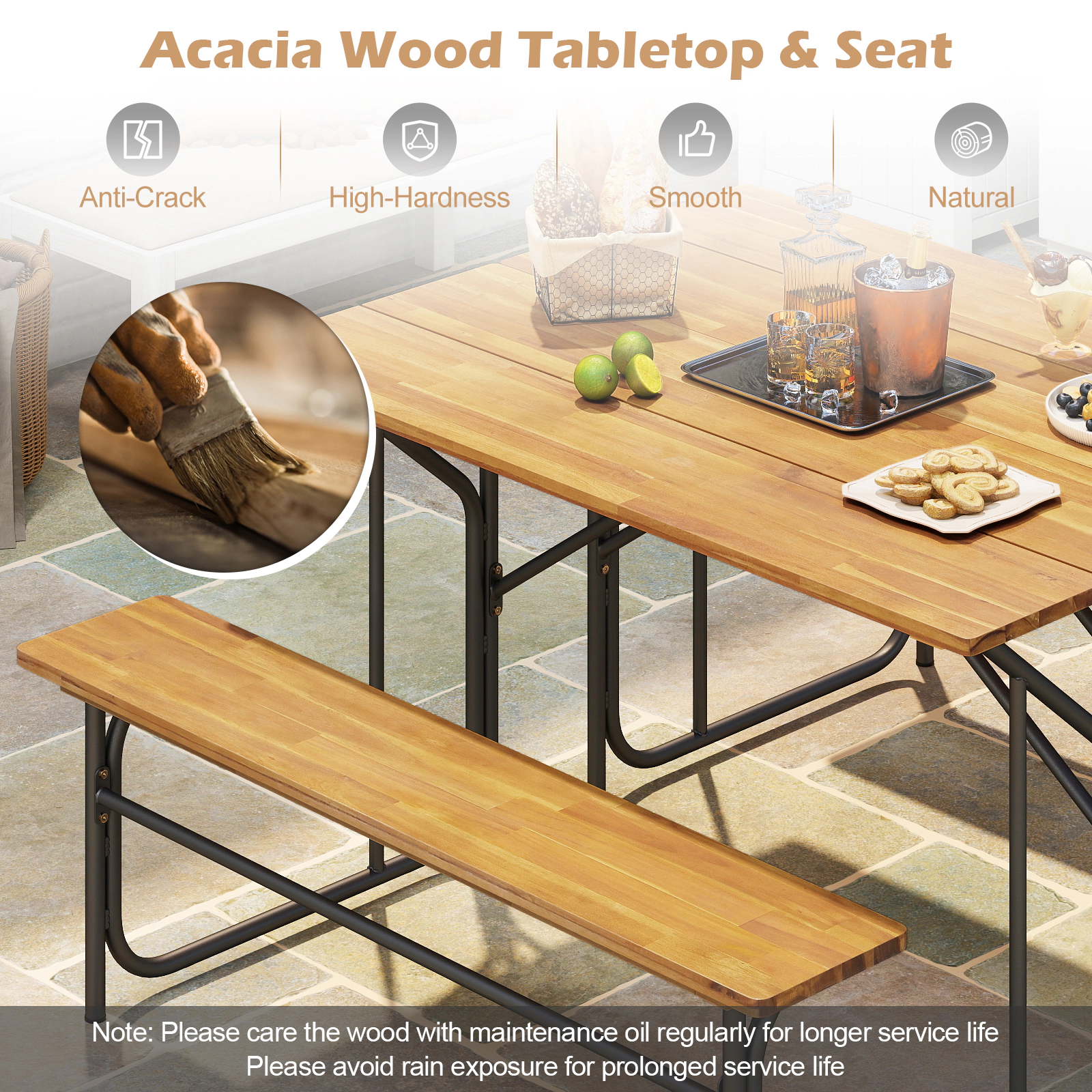 SUGIFT One-Side Picnic Table Bench Set for 2 Acacia Wood Patio Table with Metal Frame