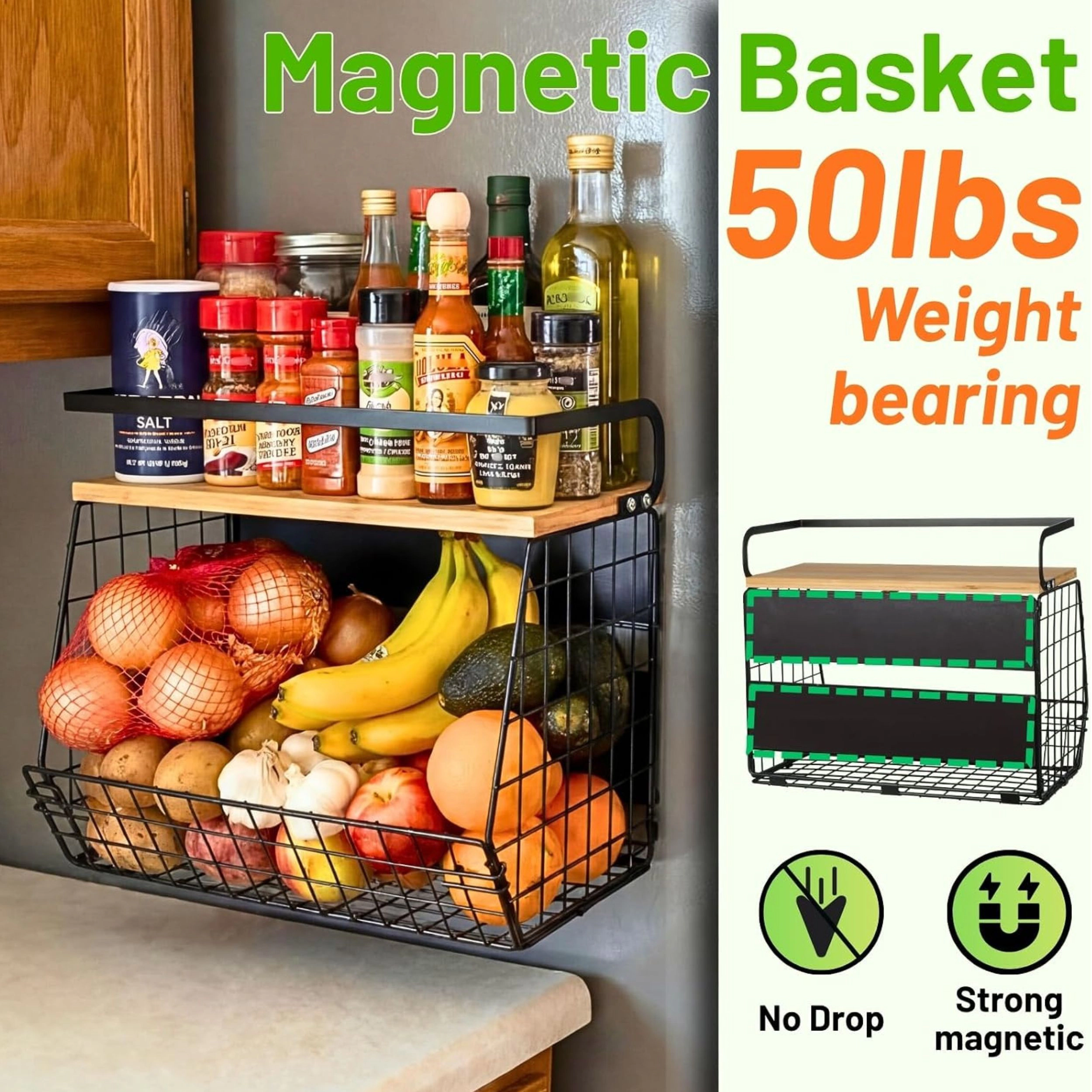 Stock Preferred Magnetic Refrigerator Storage Bin with Wood Lid and Spice Shelf