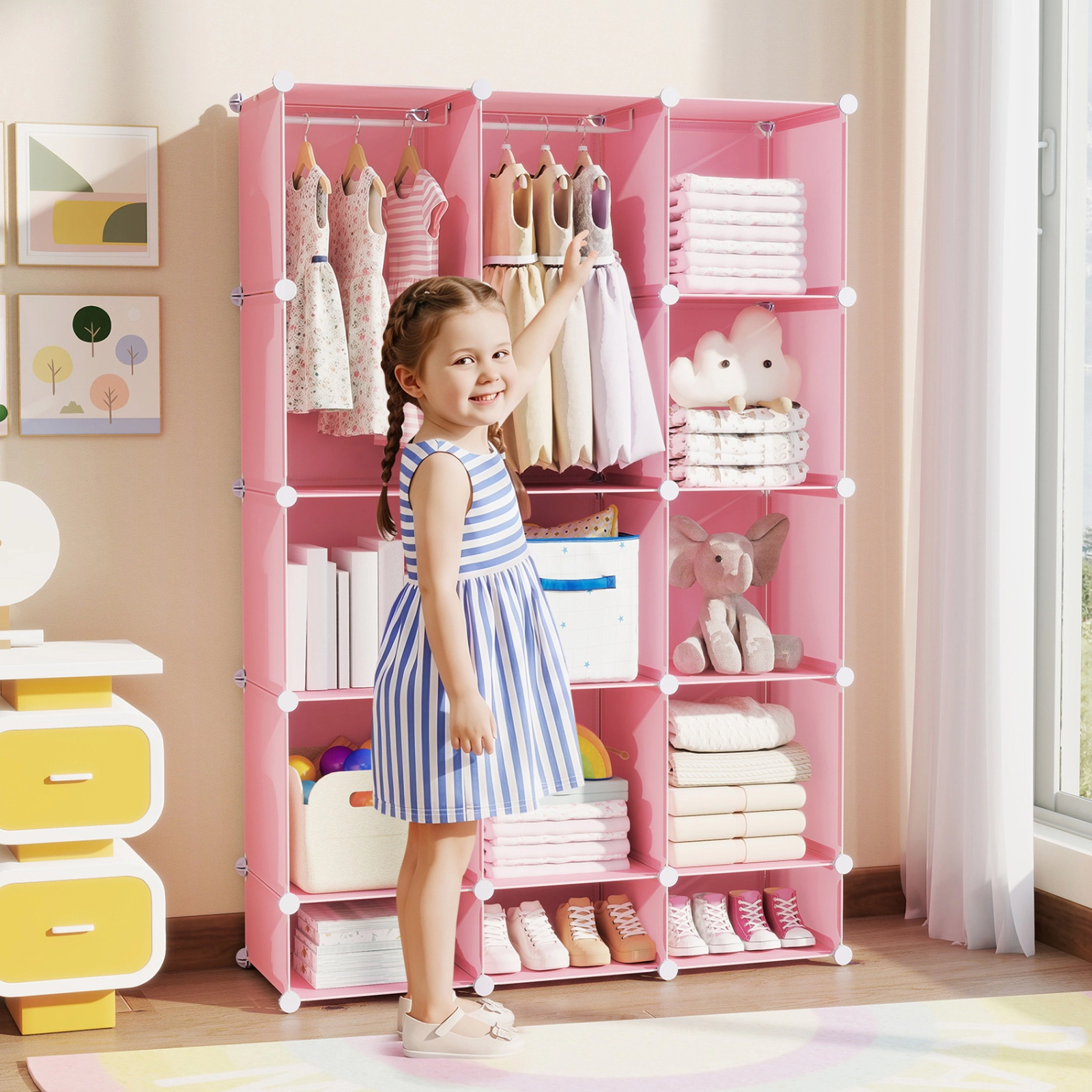 SUGIFT Kids 13-Cube Stackable Hanging Rods Modular Wardrobe Closet 43-in x 14-in x 63-in 6.5-lb per Cube Pink